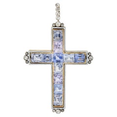 Antique Victorian 20.87 CTW Sapphire Diamond Enamel Silver 14 Karat Gold Cross Pendant