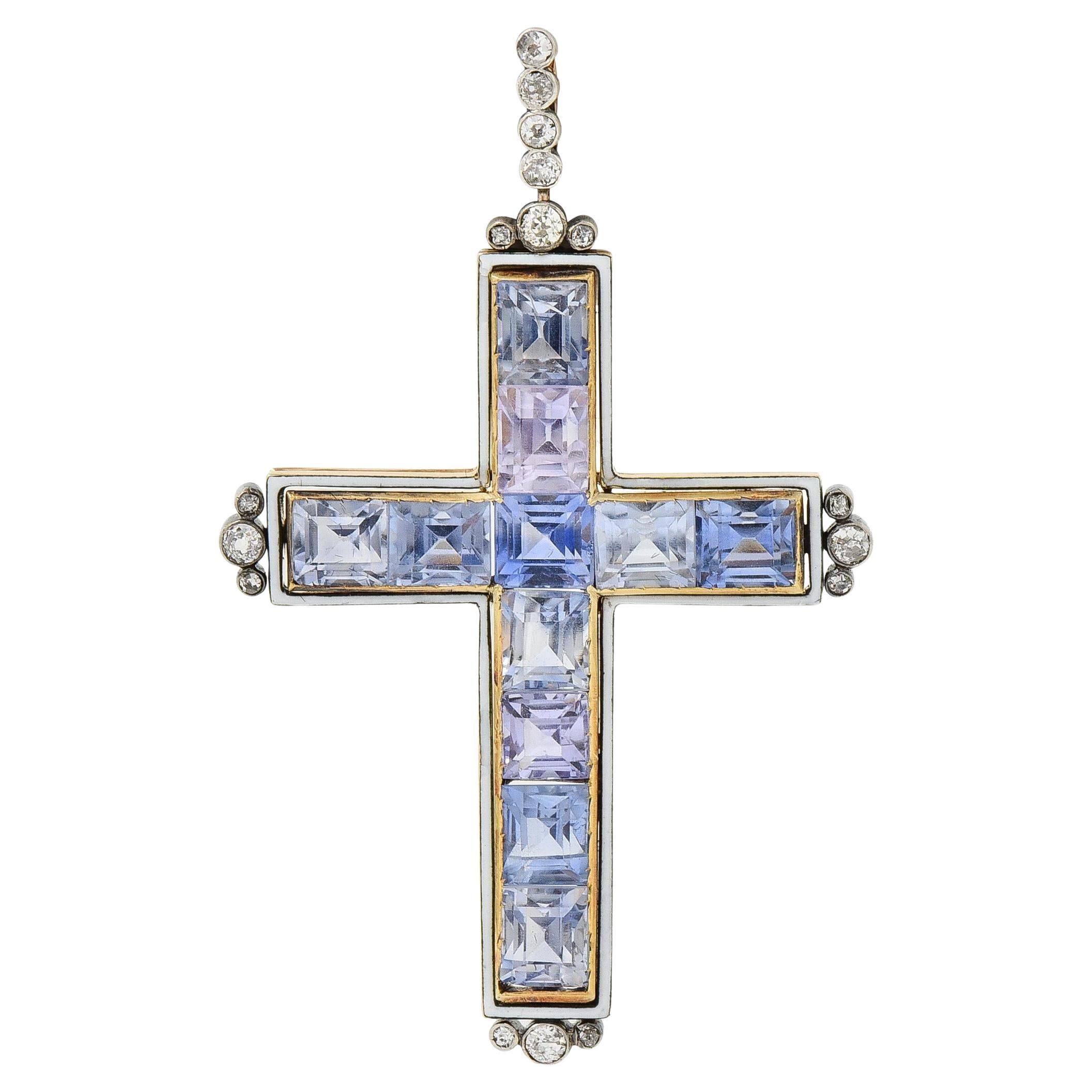 Victorian 20.87 CTW Sapphire Diamond Enamel Silver 14 Karat Gold Cross Pendant For Sale