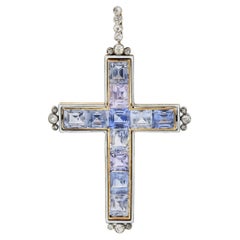 Antique Victorian 20.87 CTW Sapphire Diamond Enamel Silver 14 Karat Gold Cross Pendant