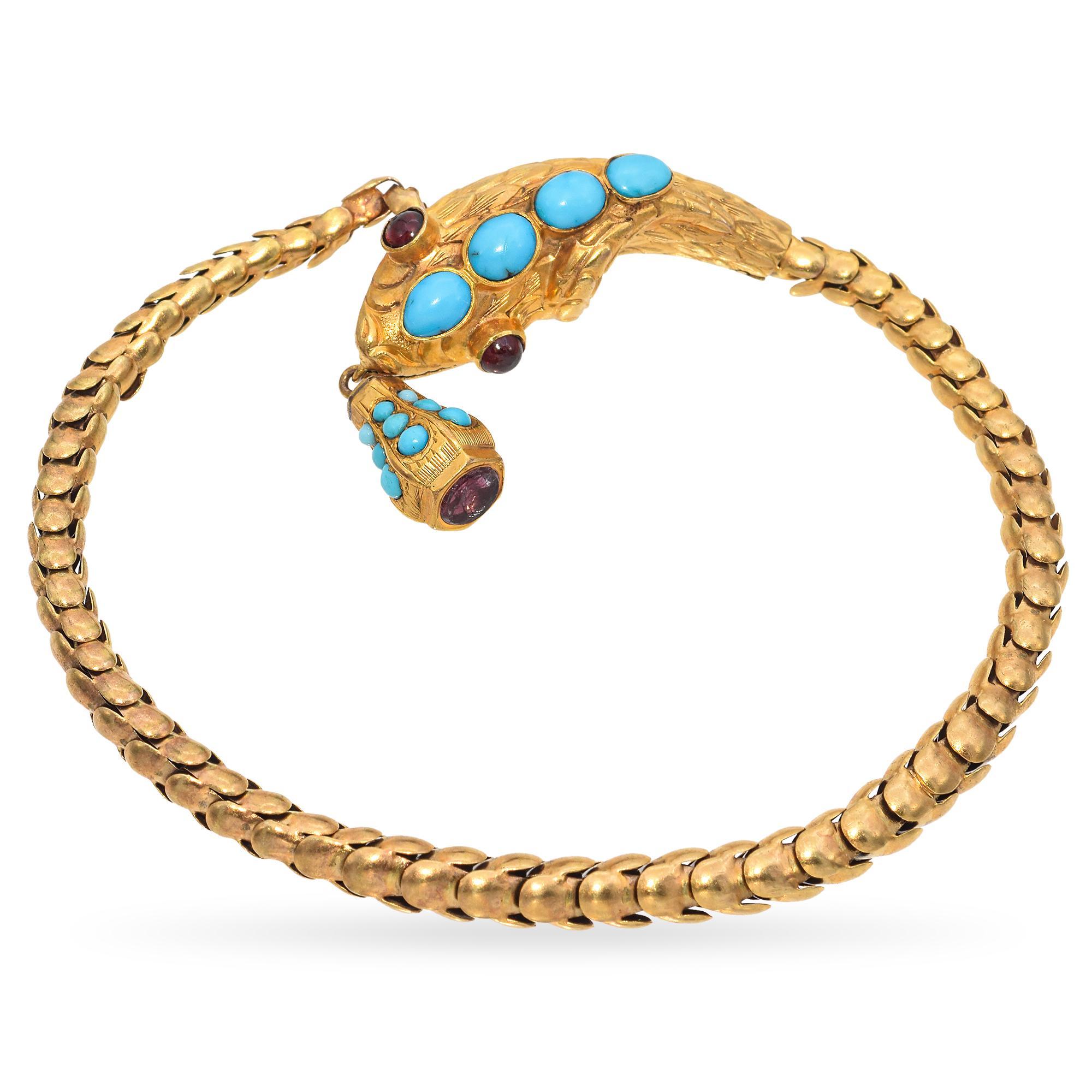 This remarkable Victorian-era snake bracelet, crafted in rich yellow gold, is a stunning example of the period’s fascination with symbolism and exquisite craftsmanship. The articulated design allows the bracelet to move fluidly, mimicking the