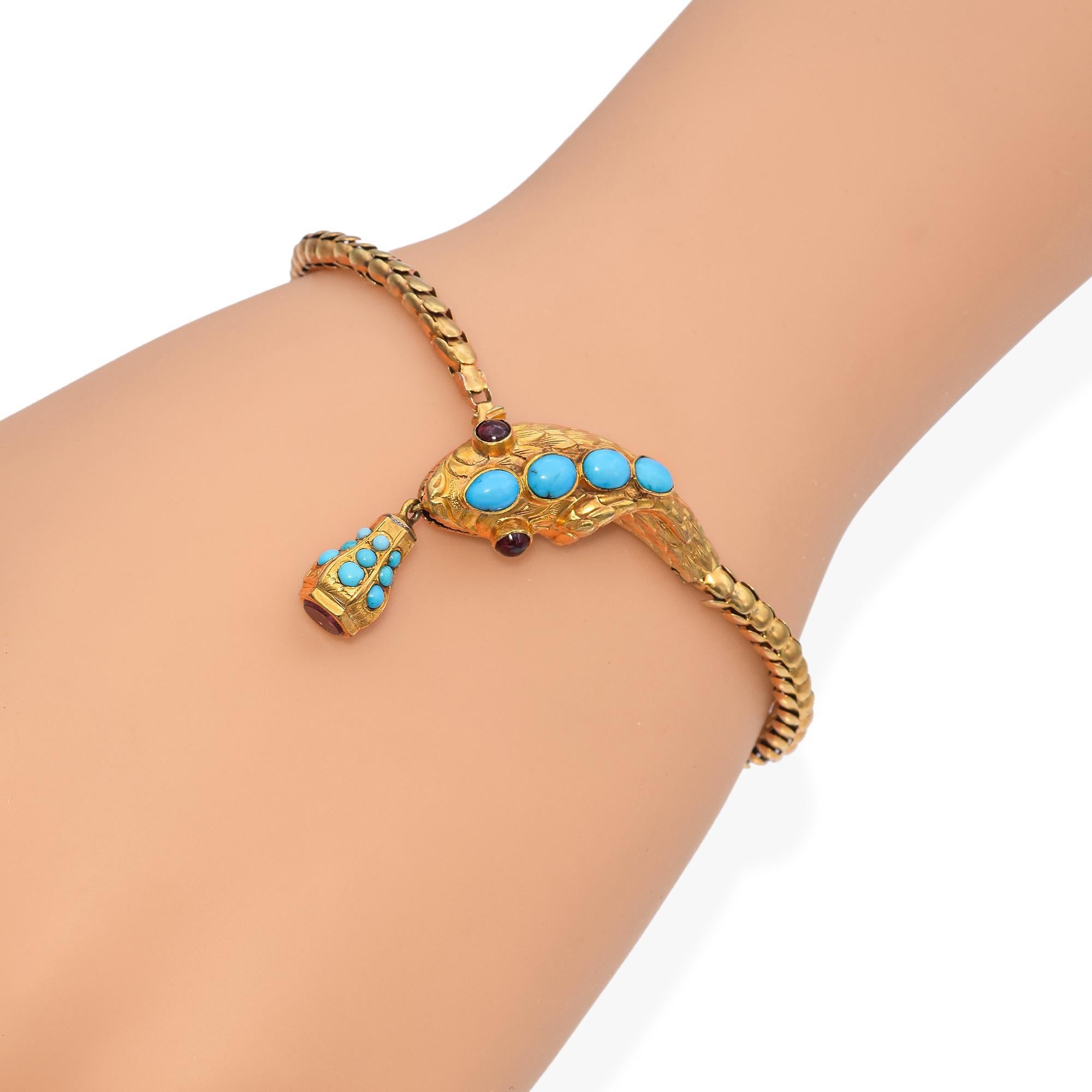 Victorian 20k Yellow Gold Articulated Turquoise and Garnet Snake Bracelet In Good Condition In New York, NY