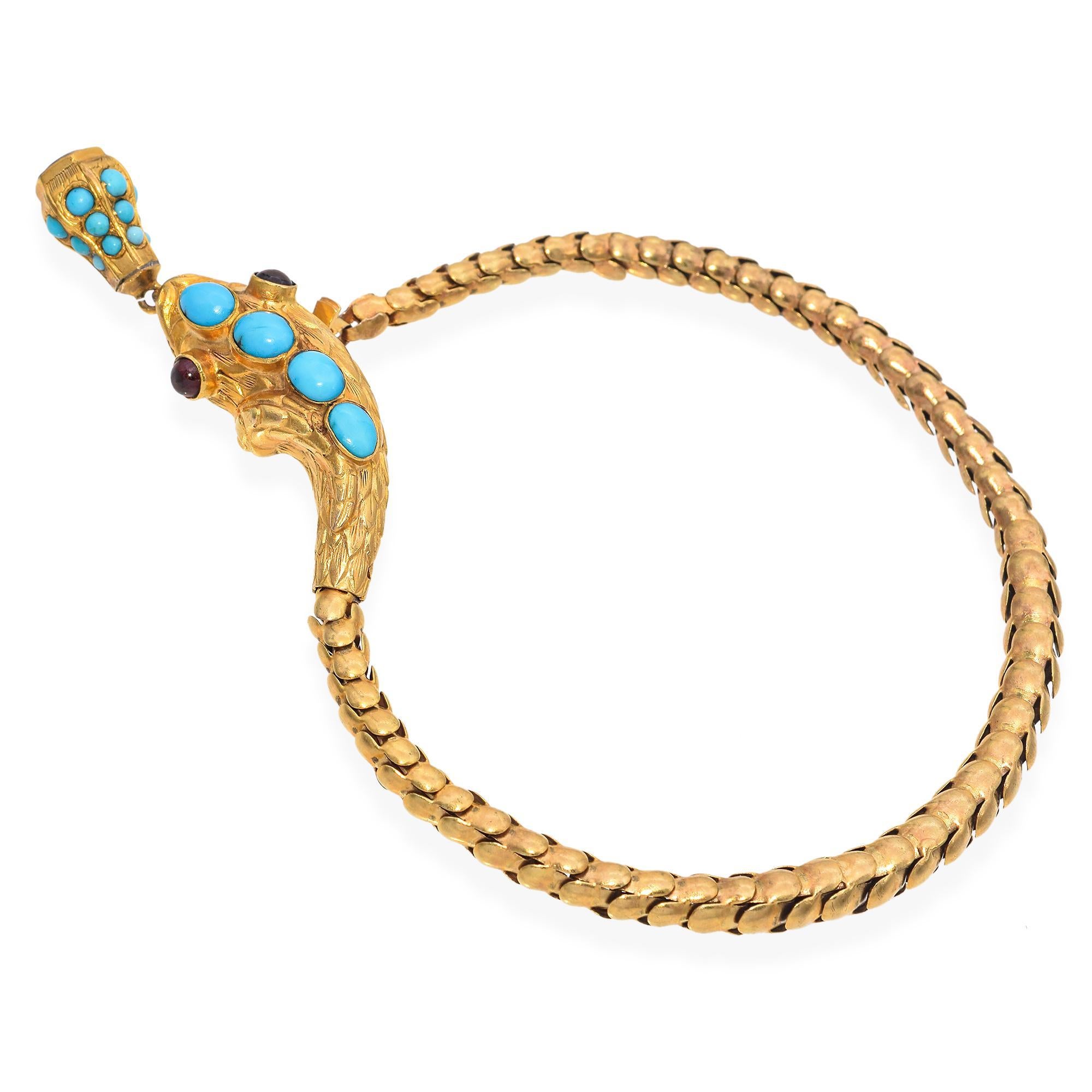 Women's Victorian 20k Yellow Gold Articulated Turquoise and Garnet Snake Bracelet