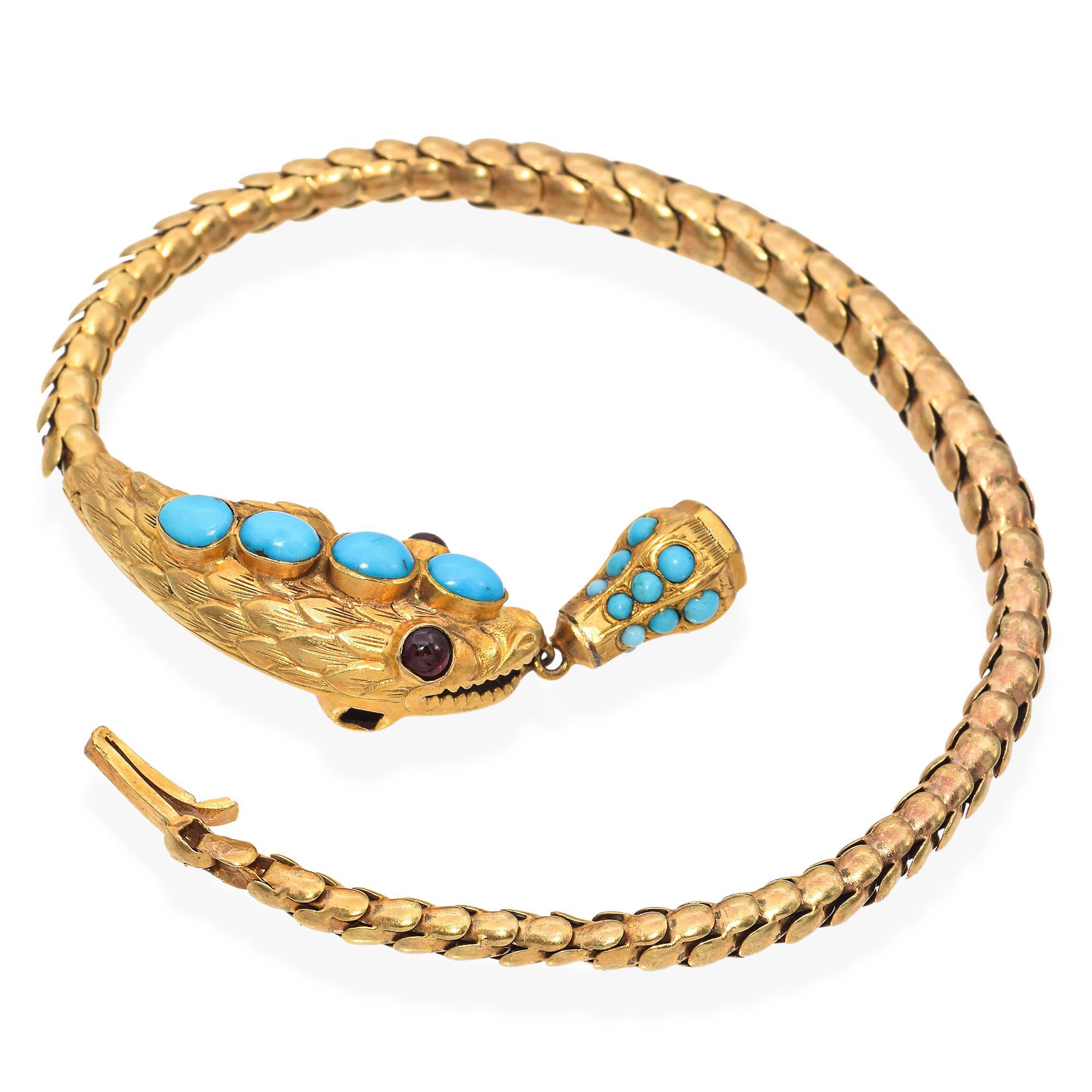 Victorian 20k Yellow Gold Articulated Turquoise and Garnet Snake Bracelet 1