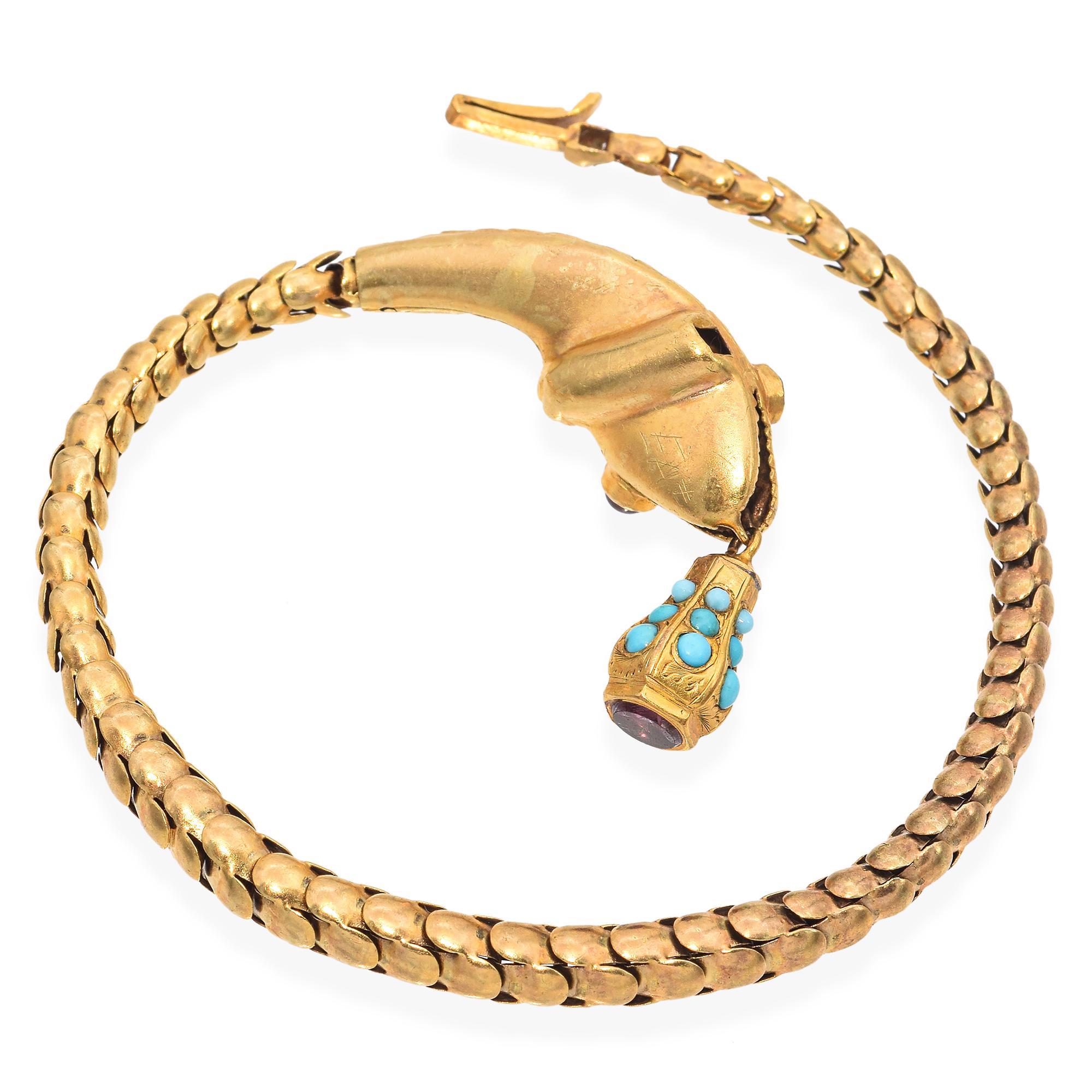 Victorian 20k Yellow Gold Articulated Turquoise and Garnet Snake Bracelet 2