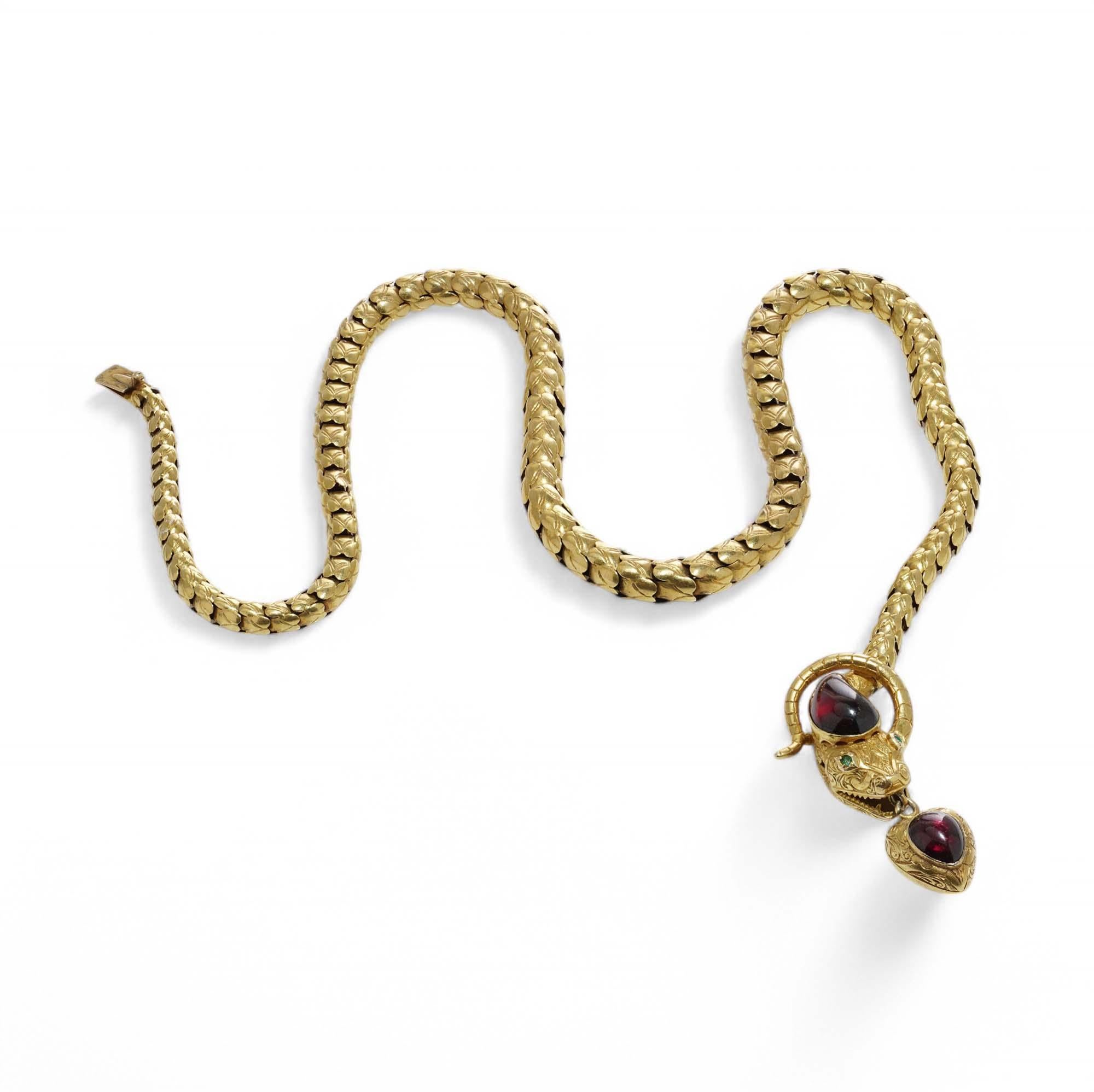 Donna Collana vittoriana in oro 20kt con granato e smeraldo a forma di serpente in vendita