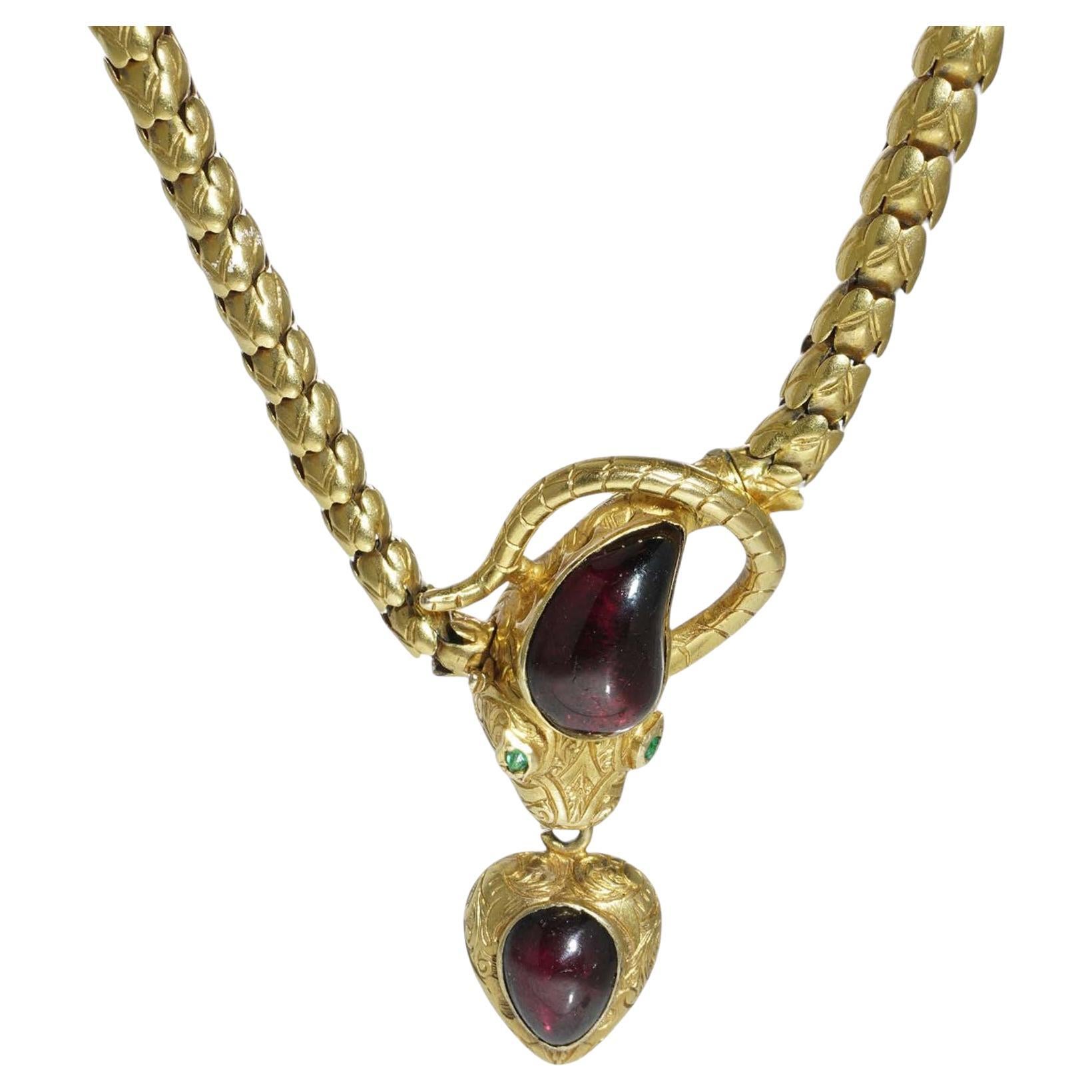 Viktorianische 20kt Gold Granat und Smaragd Schlangenhalskette