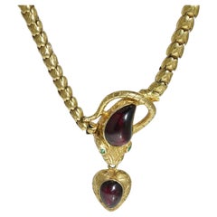 Victorian 20kt gold garnet and emerald snake necklace