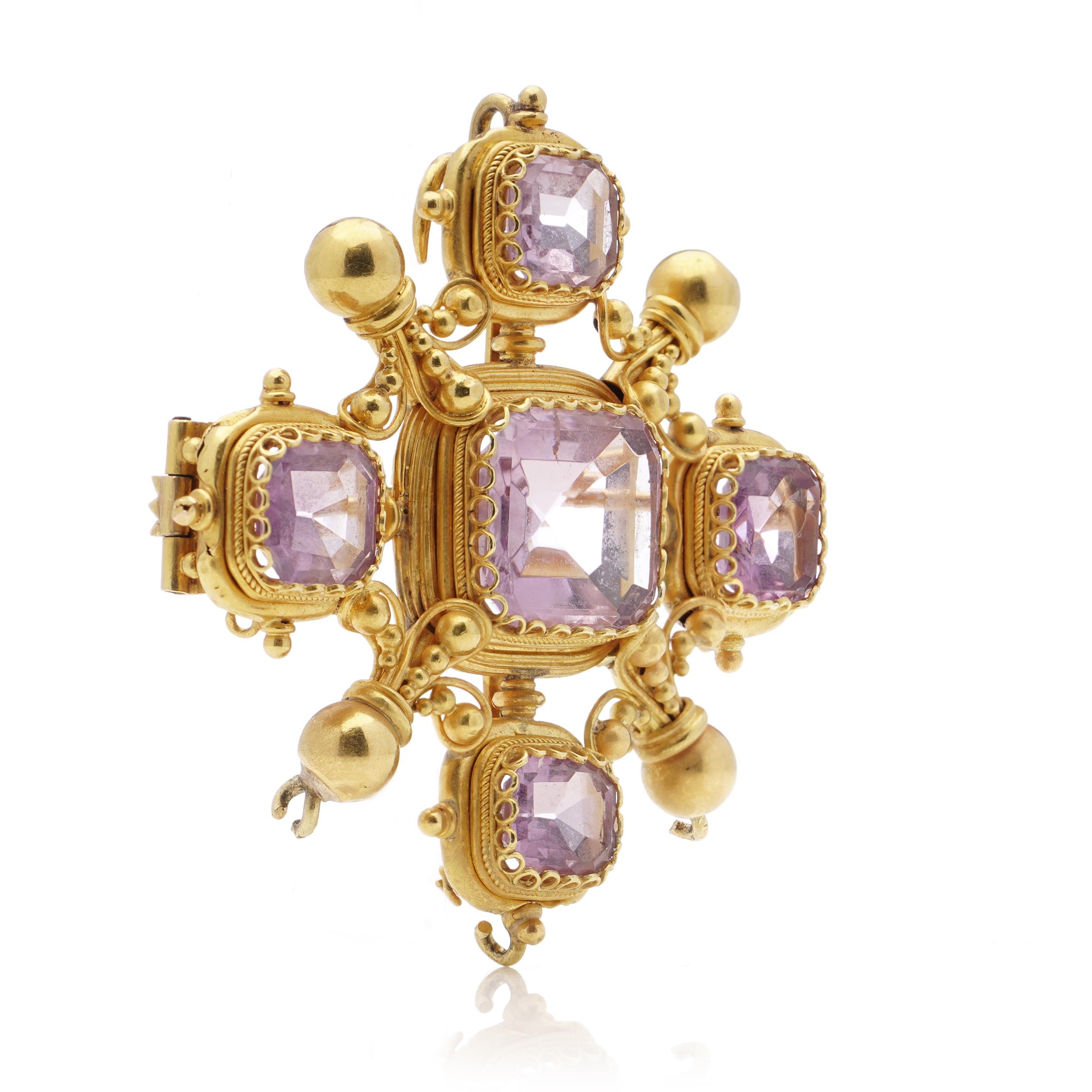 Square Cut Victorian 20kt. yellow gold Granulated Amethyst 8-point Maltese cross.  For Sale