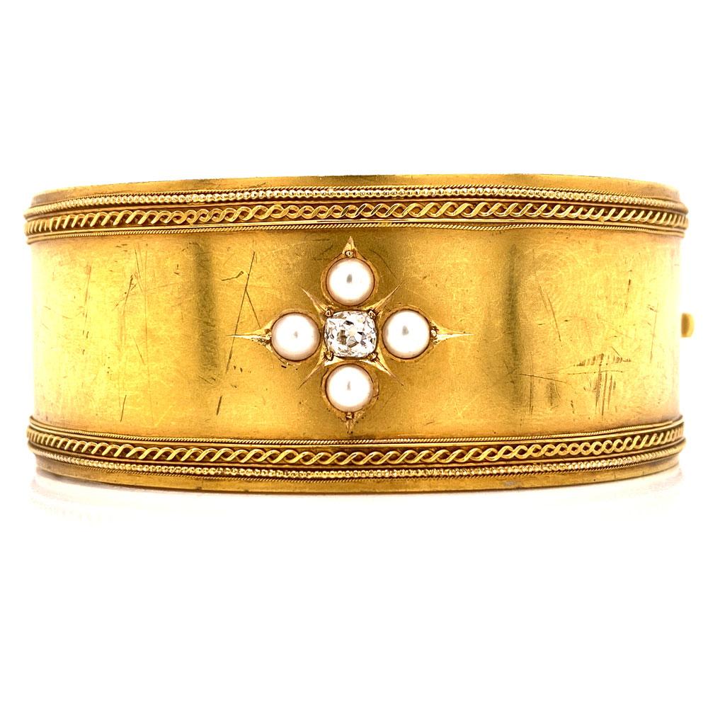 Early Victorian Victorian 21 Karat Yellow Gold Diamond Seed Pearl Bangle Bracelet Brooch Set