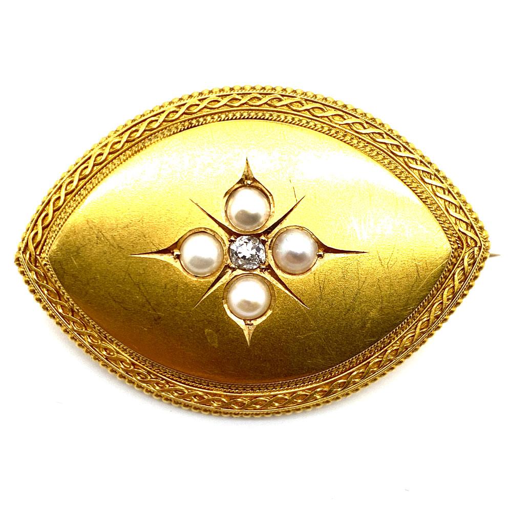 Women's Victorian 21 Karat Yellow Gold Diamond Seed Pearl Bangle Bracelet Brooch Set
