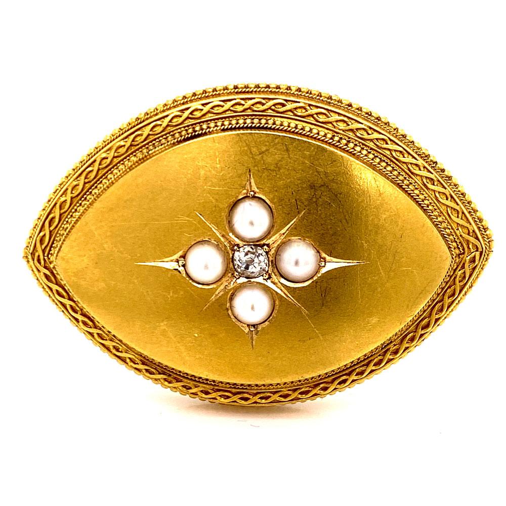 Victorian 21 Karat Yellow Gold Diamond Seed Pearl Bangle Bracelet Brooch Set 2