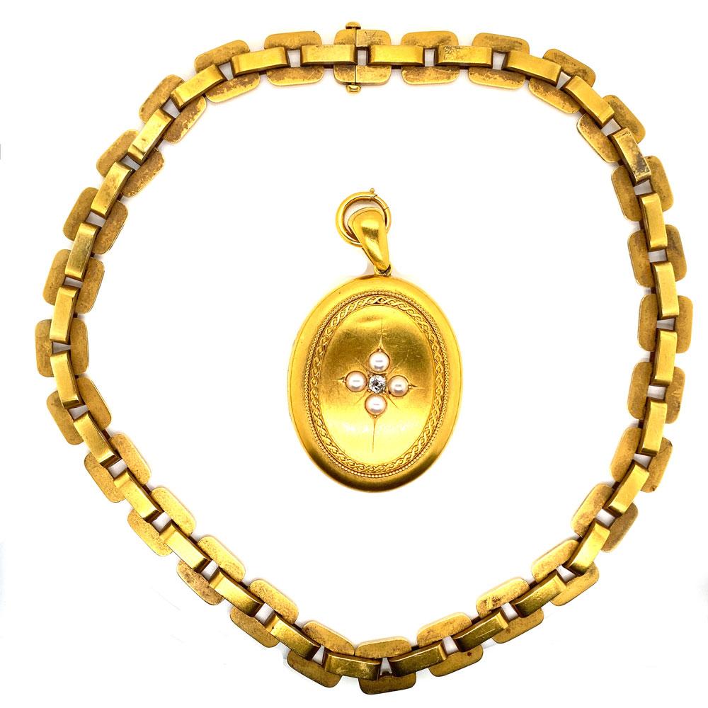 21 Karat Yellow Gold Diamond Pearl Victorian Locket and Necklace Set. This original Victorian set is circa late 1800's. The set includes the original box and features a gorgeous 17 inch link necklace and the pendant measures 40 x 50mm (70mm with the