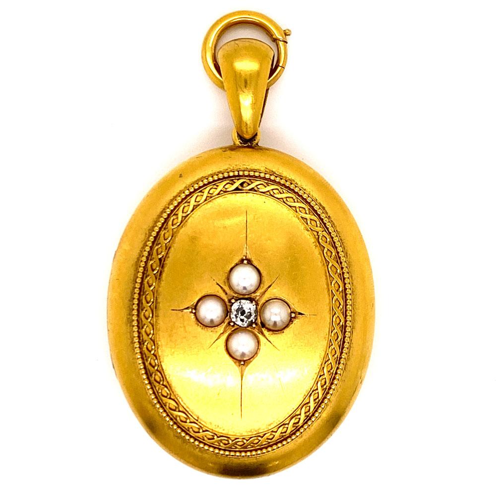 Victorian 21 Karat Yellow Gold Locket Pendant Link Necklace Set (Alteuropäischer Brillantschliff)