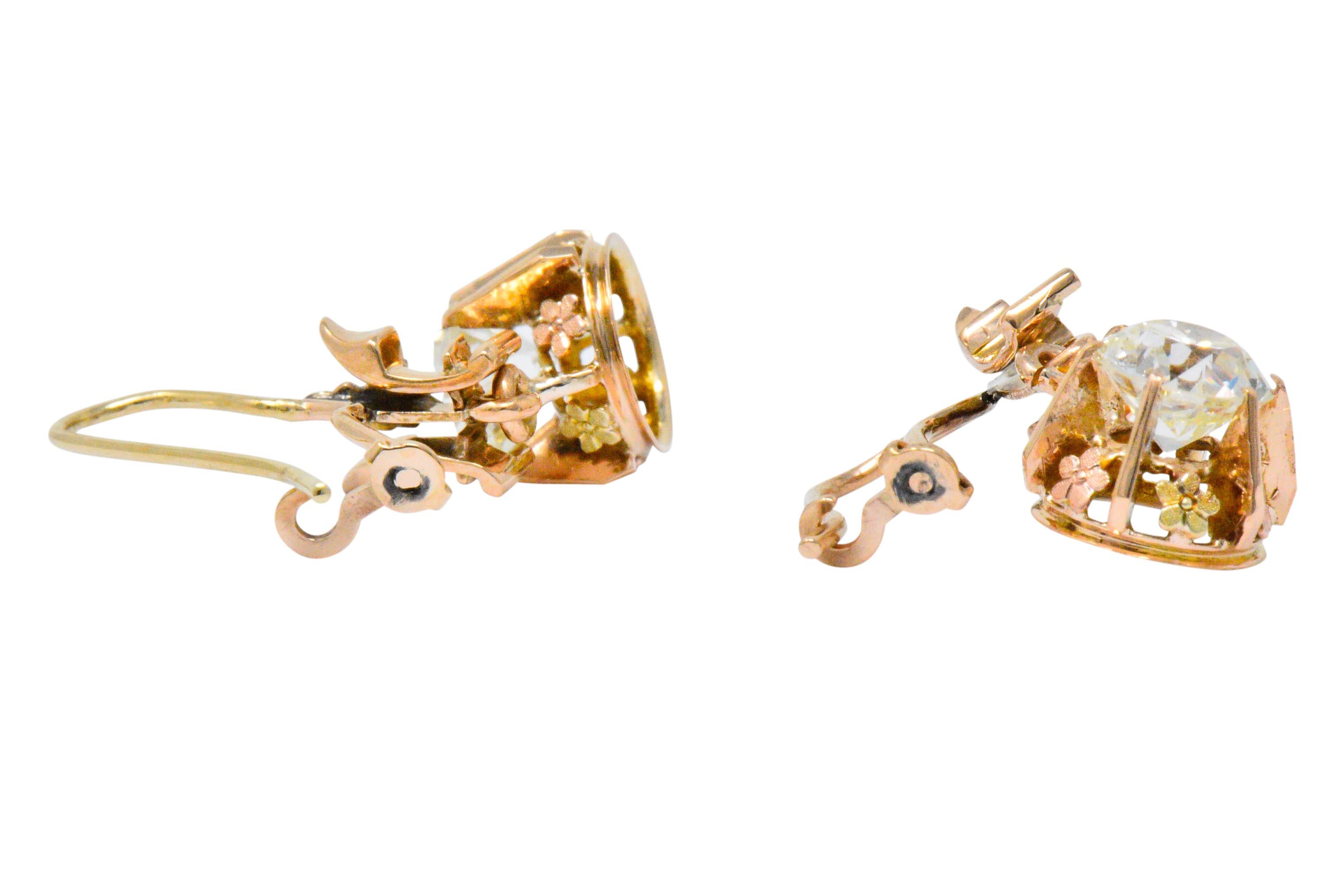 Victorian 2.10 Carat Diamond 14 Karat Two-Tone Gold Drop Earrings 1