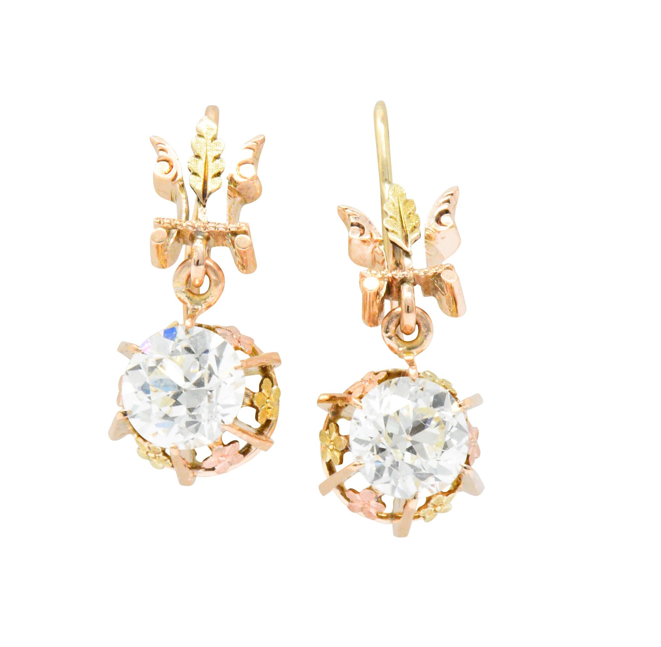 Victorian 2.10 Carat Diamond 14 Karat Two-Tone Gold Drop Earrings