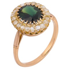 Victorian 2.10 carat green sapphire diamond 18k yellow gold cluster ring