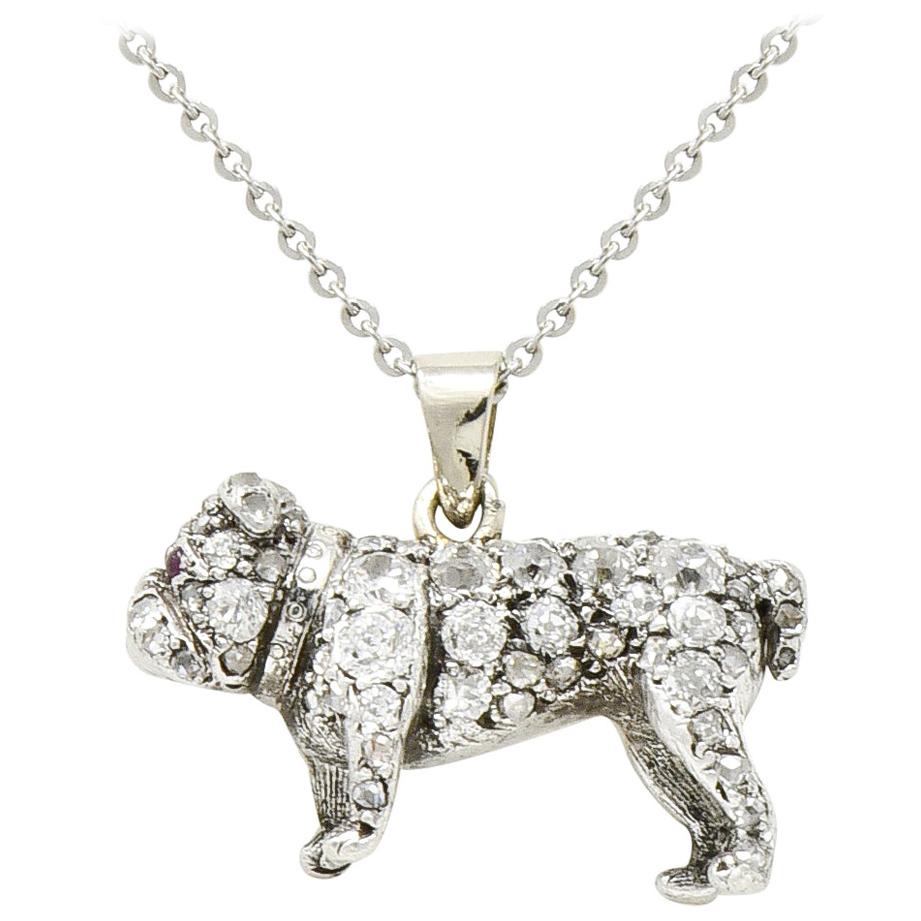 Victorian 2.10 Carat Pave Diamond Silver-Topped Gold Bulldog Pendant Necklace