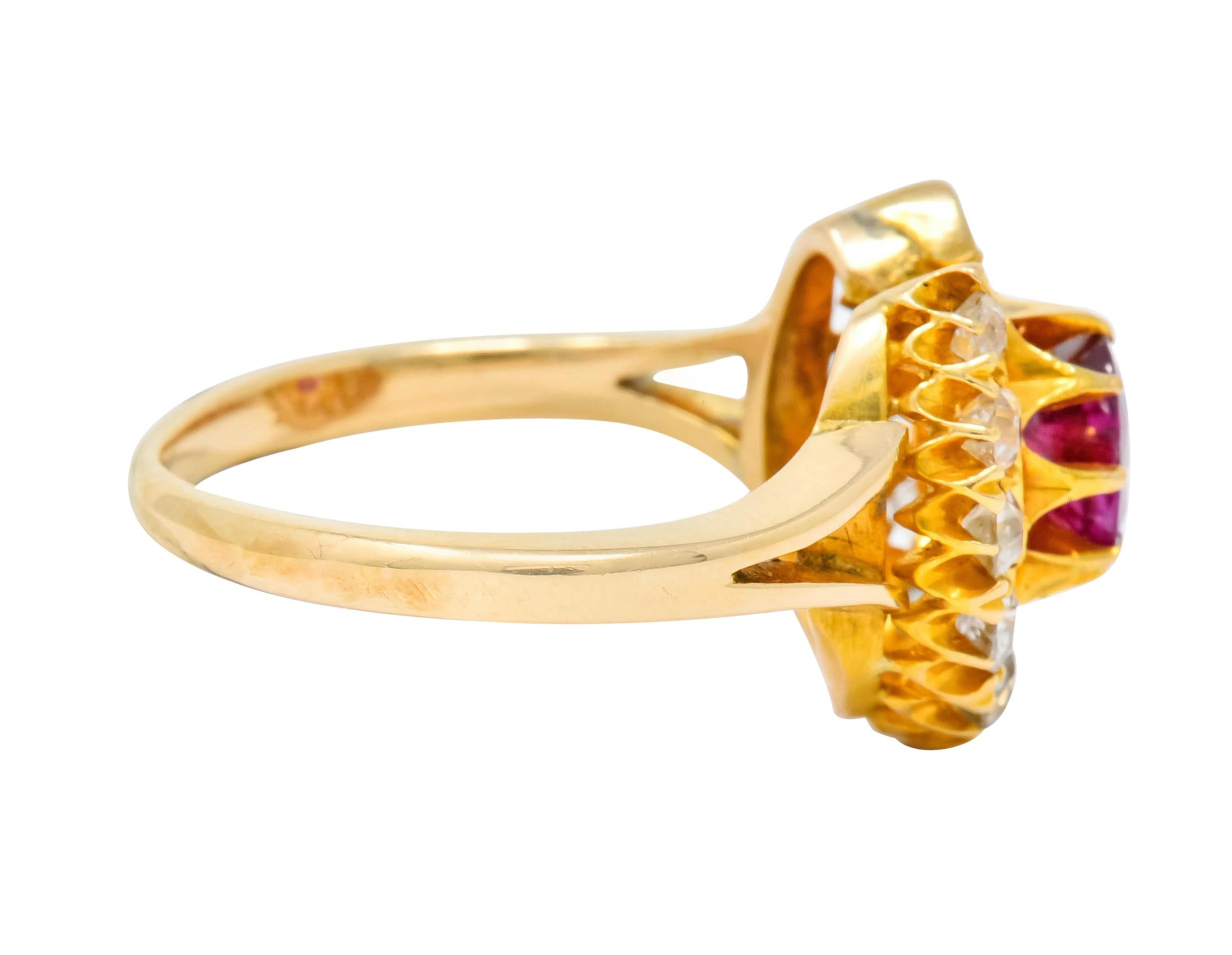 Old European Cut Victorian 2.10 Carat Ruby Diamond 15 Karat Gold Horseshoe Cluster Ring