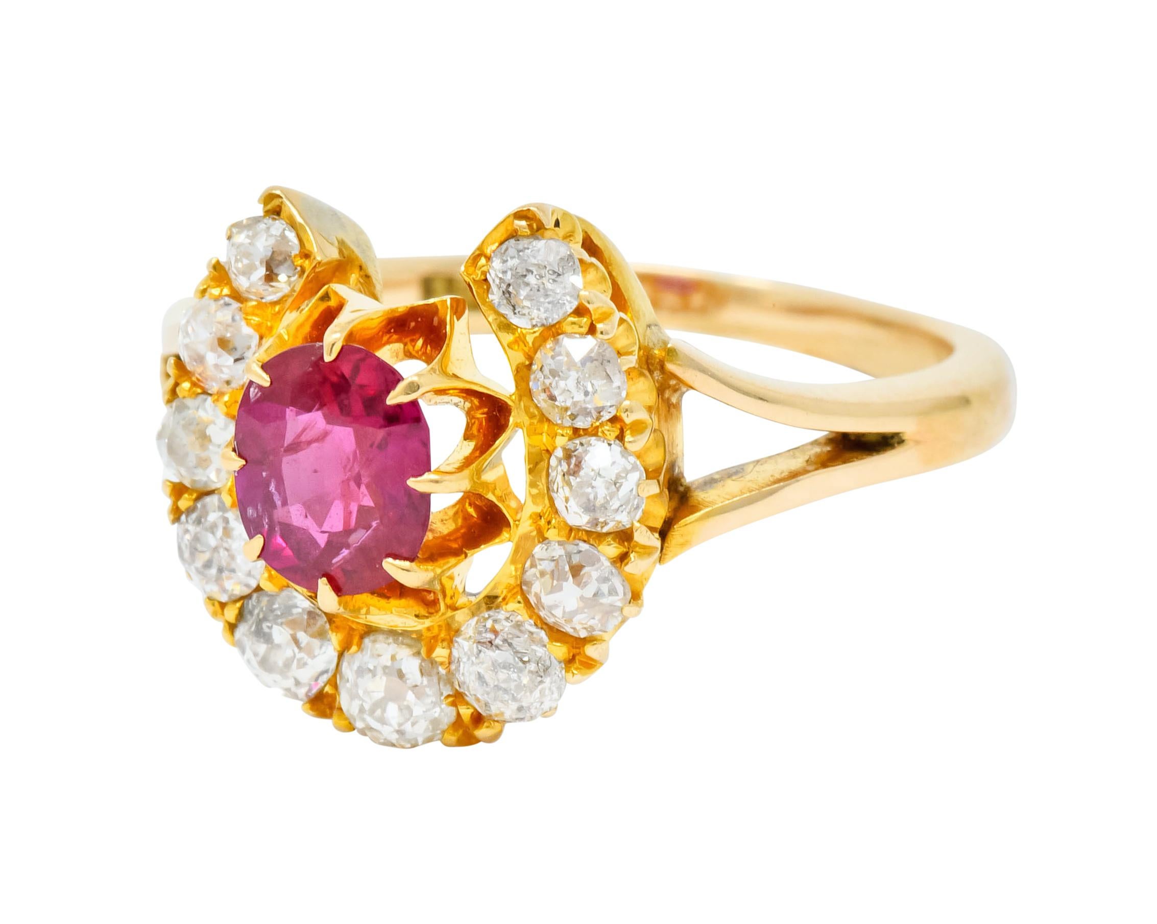 Victorian 2.10 Carat Ruby Diamond 15 Karat Gold Horseshoe Cluster Ring 1