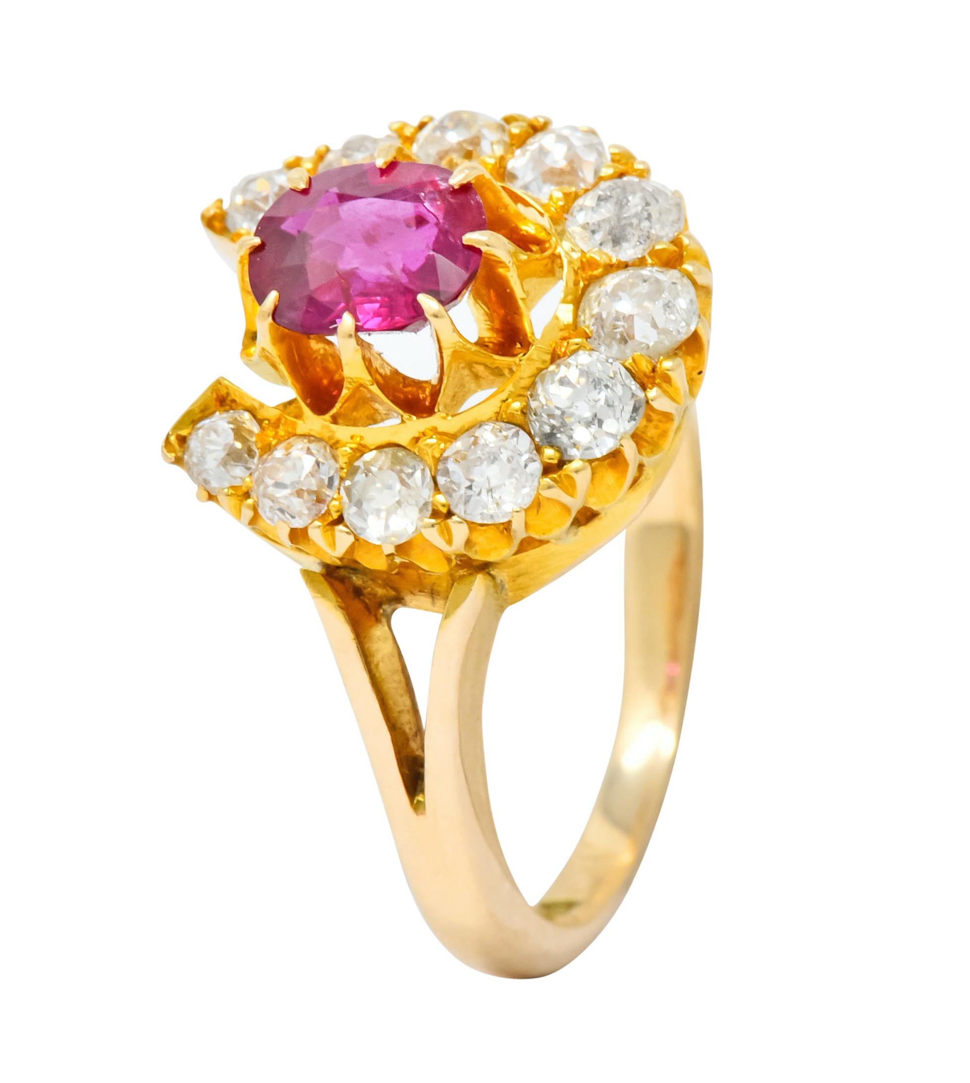 Victorian 2.10 Carat Ruby Diamond 15 Karat Gold Horseshoe Cluster Ring 4