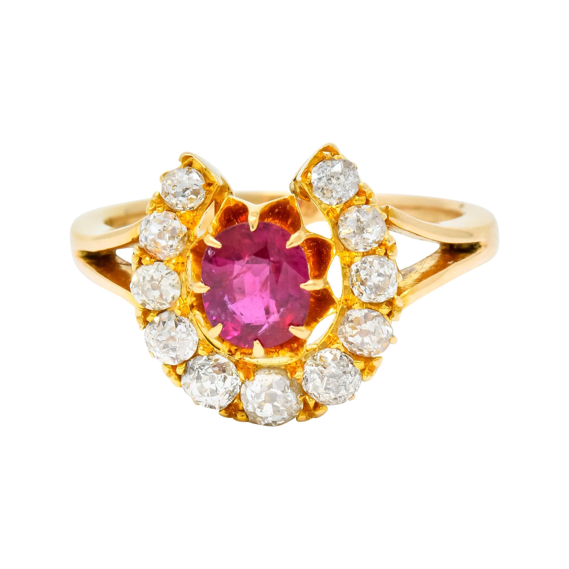 Victorian 2.10 Carat Ruby Diamond 15 Karat Gold Horseshoe Cluster Ring