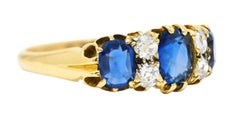Victorian 2.10 Carats Cushion Cut Sapphire Old European Cut Diamond Band Ring