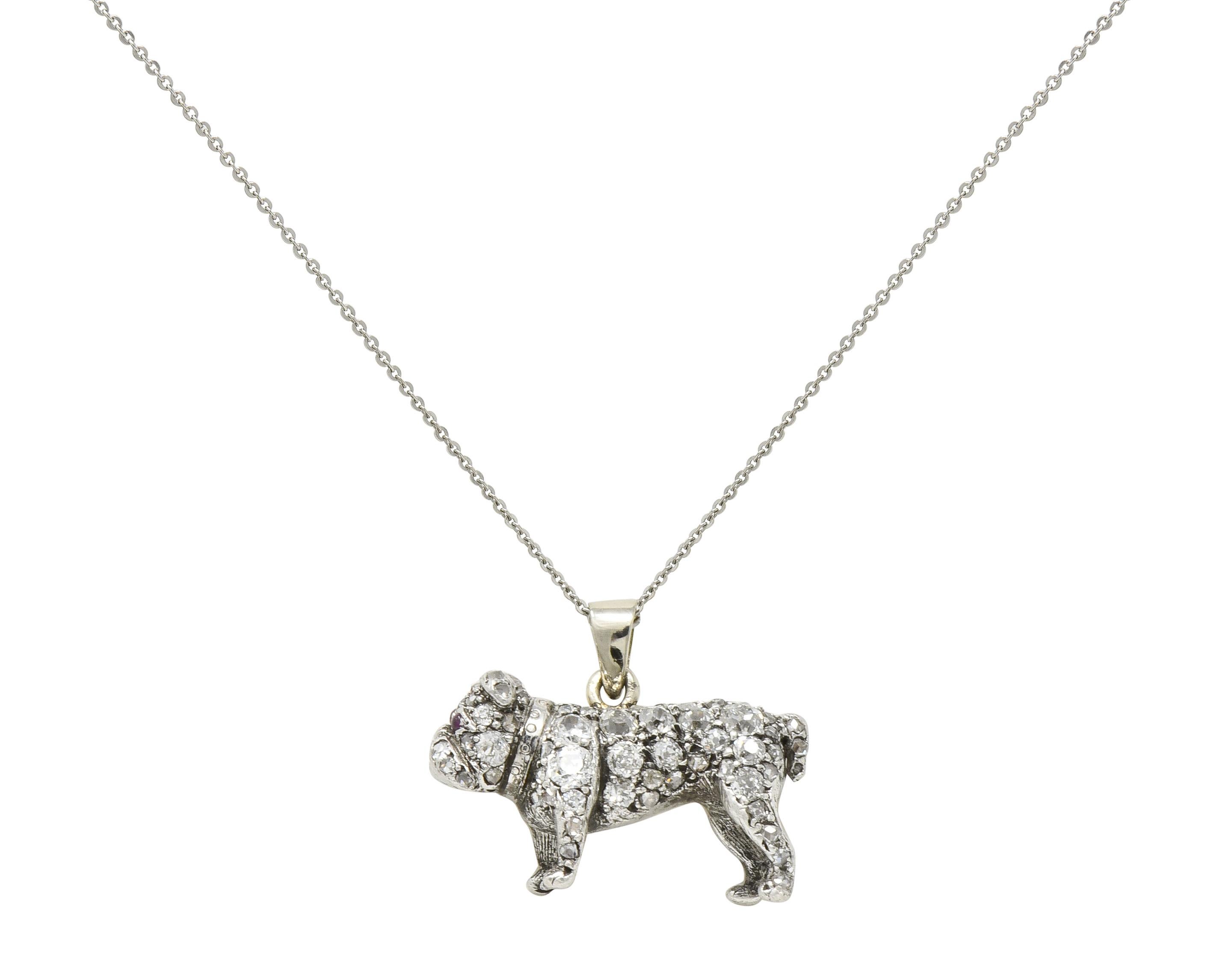 Victorian 2.10 Carat Pave Diamond Silver-Topped Gold Bulldog Pendant Necklace 3