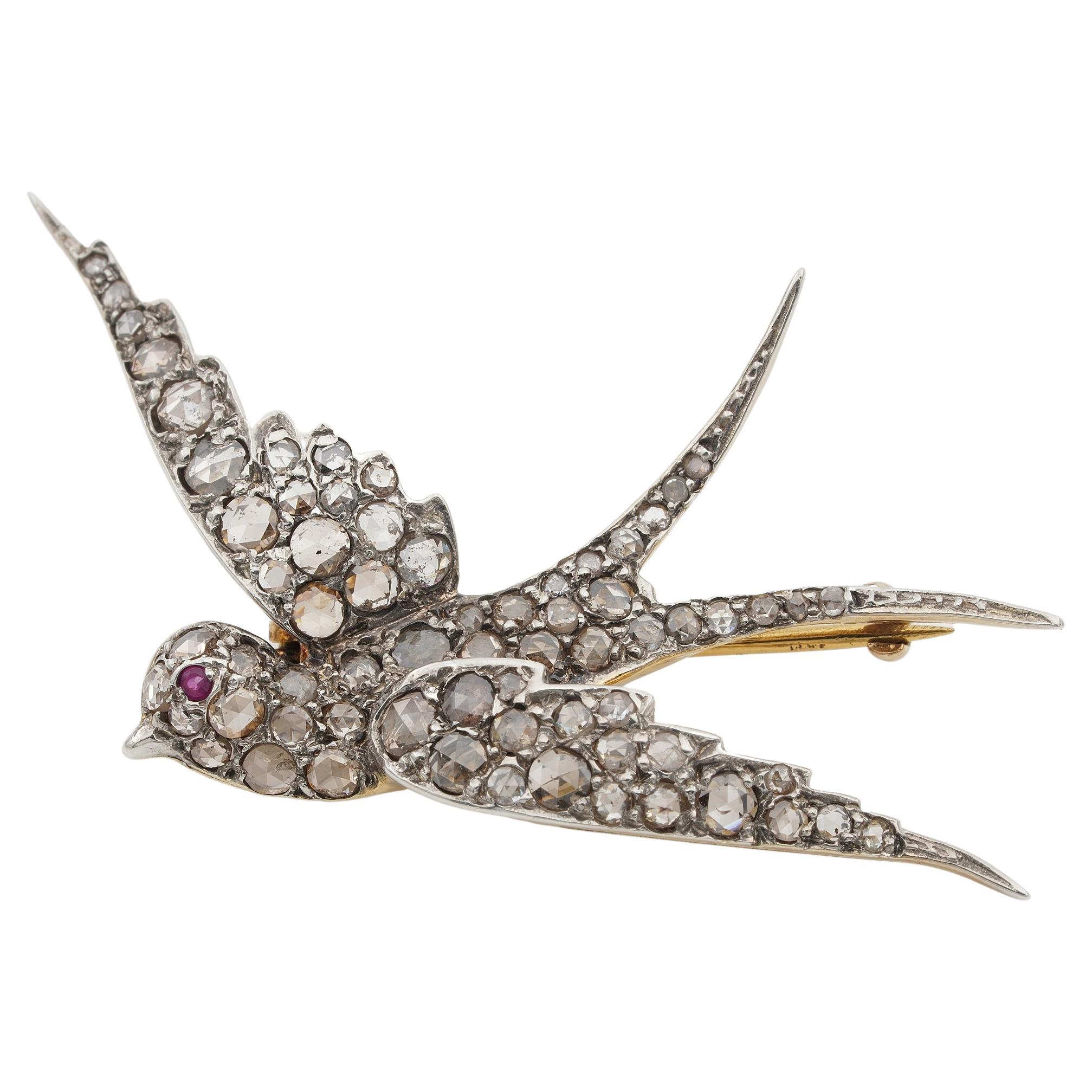 Victorian 2.10 Ct Rose cut Diamond Rare Swallow Brooch For Sale