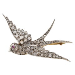 Broche de golondrina victoriano de 2,10 quilates de diamantes talla rosa raros