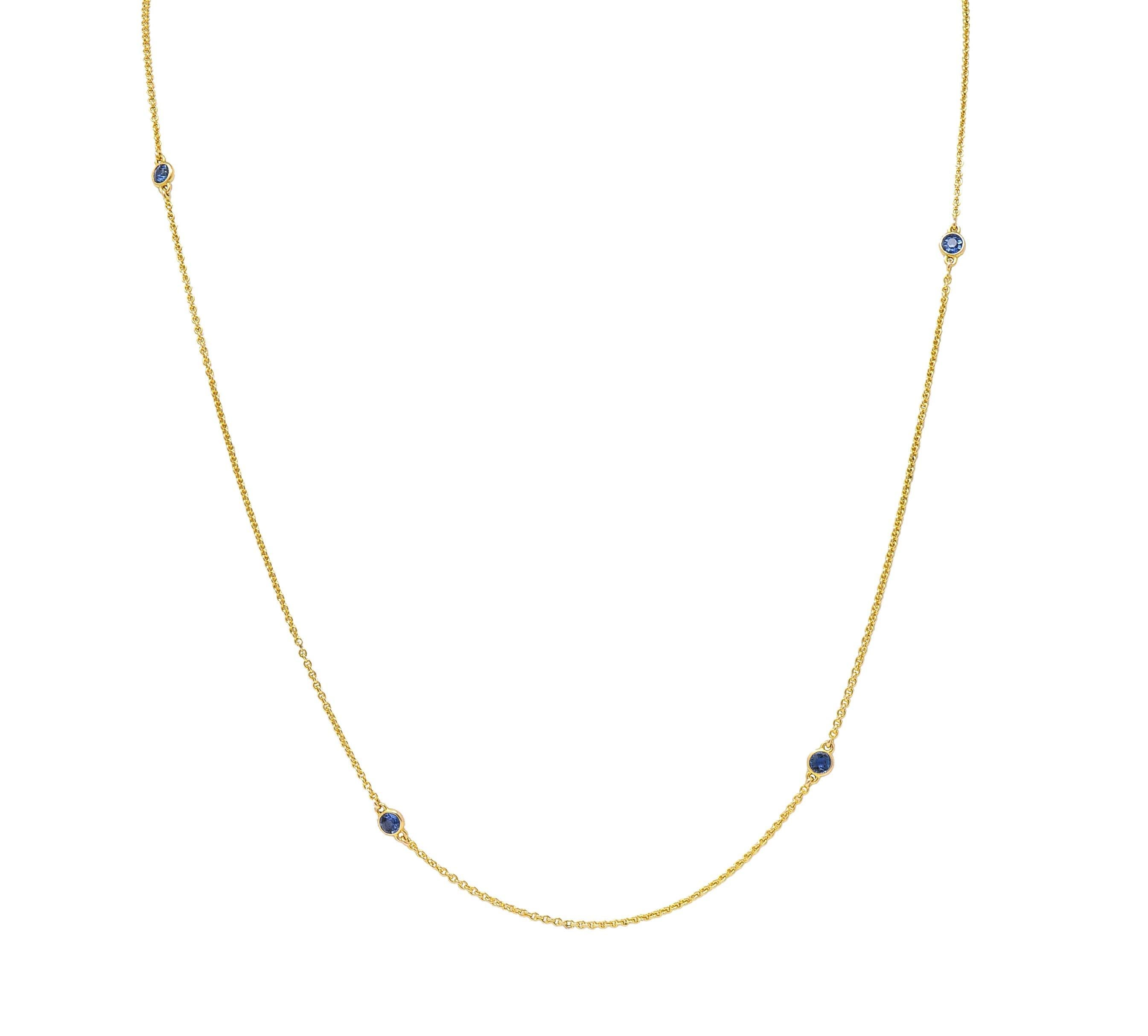 Victorian 2.10 CTW Sapphire 14 Karat Yellow Gold Antique Station Chain Necklace For Sale 6