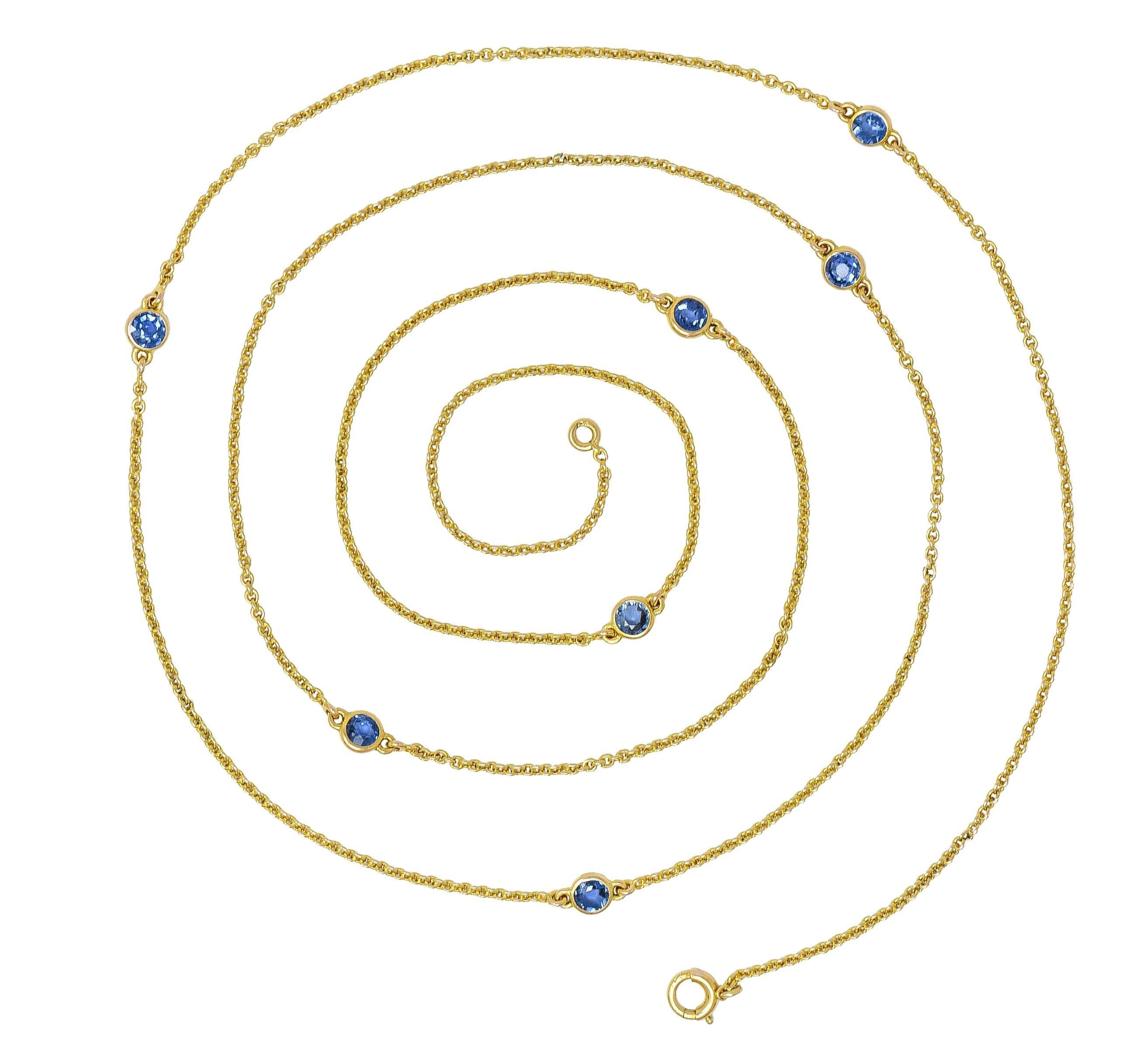 Designed as a 1.5 mm cable link chain with seven sapphire stations
Round cut and weighing approximately 2.10 carats total 
Transparent medium blue in color - bezel set 
Completed by spring clasp closure
Stamped for 14 karat gold 
Circa: 1890
Width