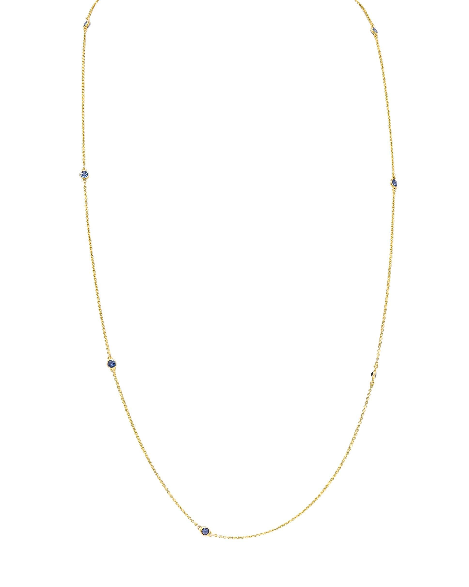 Round Cut Victorian 2.10 CTW Sapphire 14 Karat Yellow Gold Antique Station Chain Necklace
