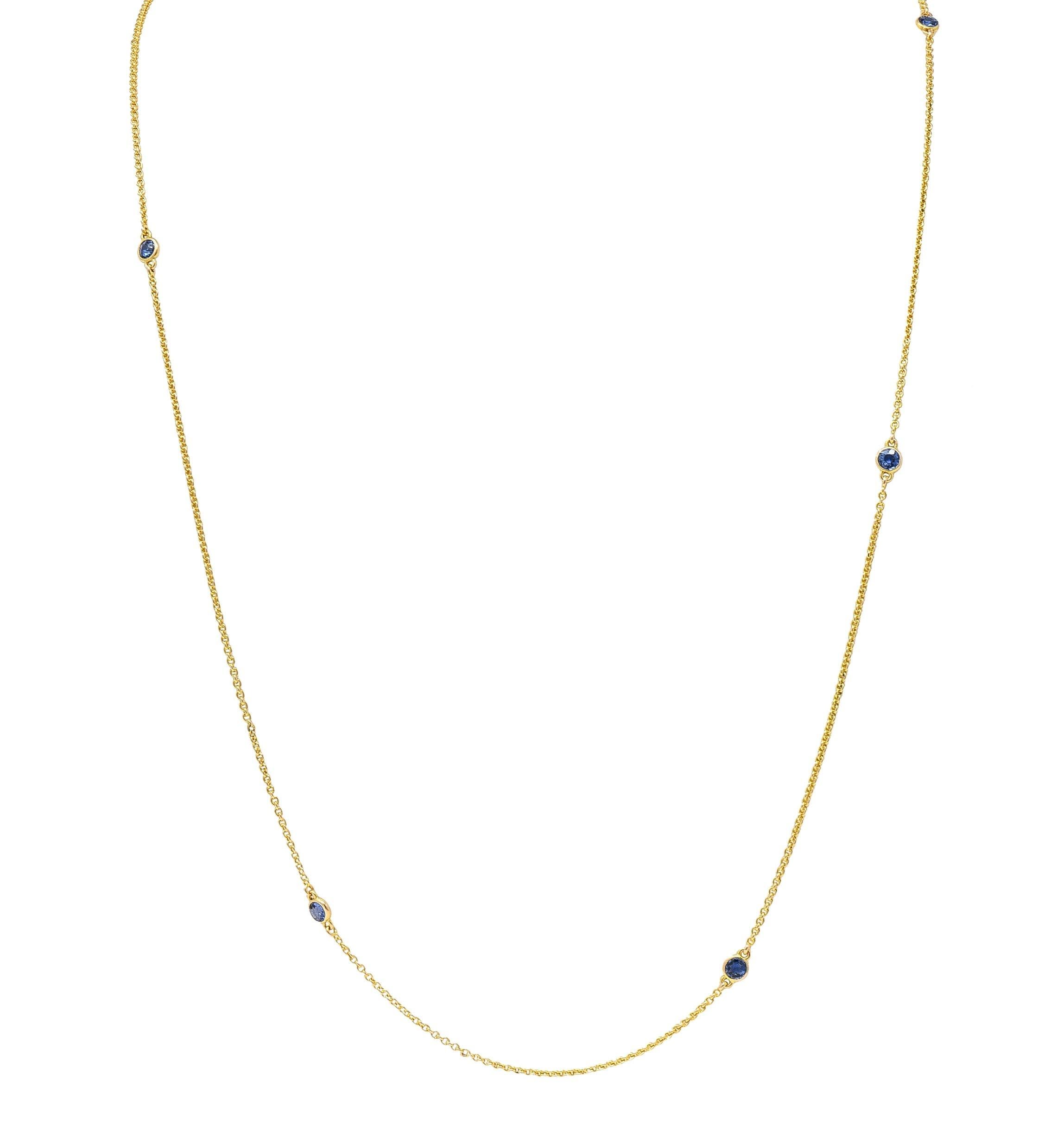 Women's or Men's Victorian 2.10 CTW Sapphire 14 Karat Yellow Gold Antique Station Chain Necklace For Sale