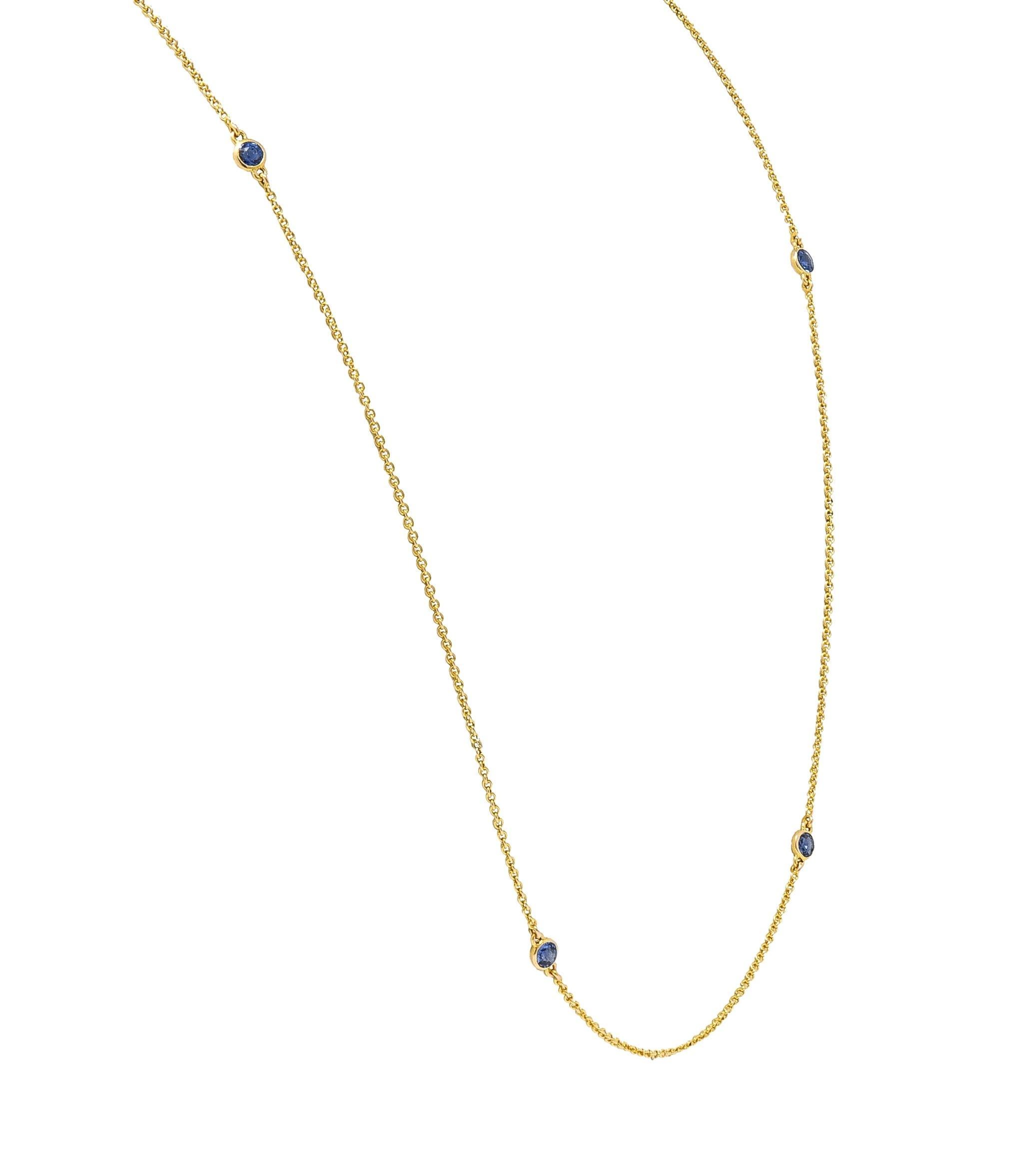 Victorian 2.10 CTW Sapphire 14 Karat Yellow Gold Antique Station Chain Necklace For Sale 1