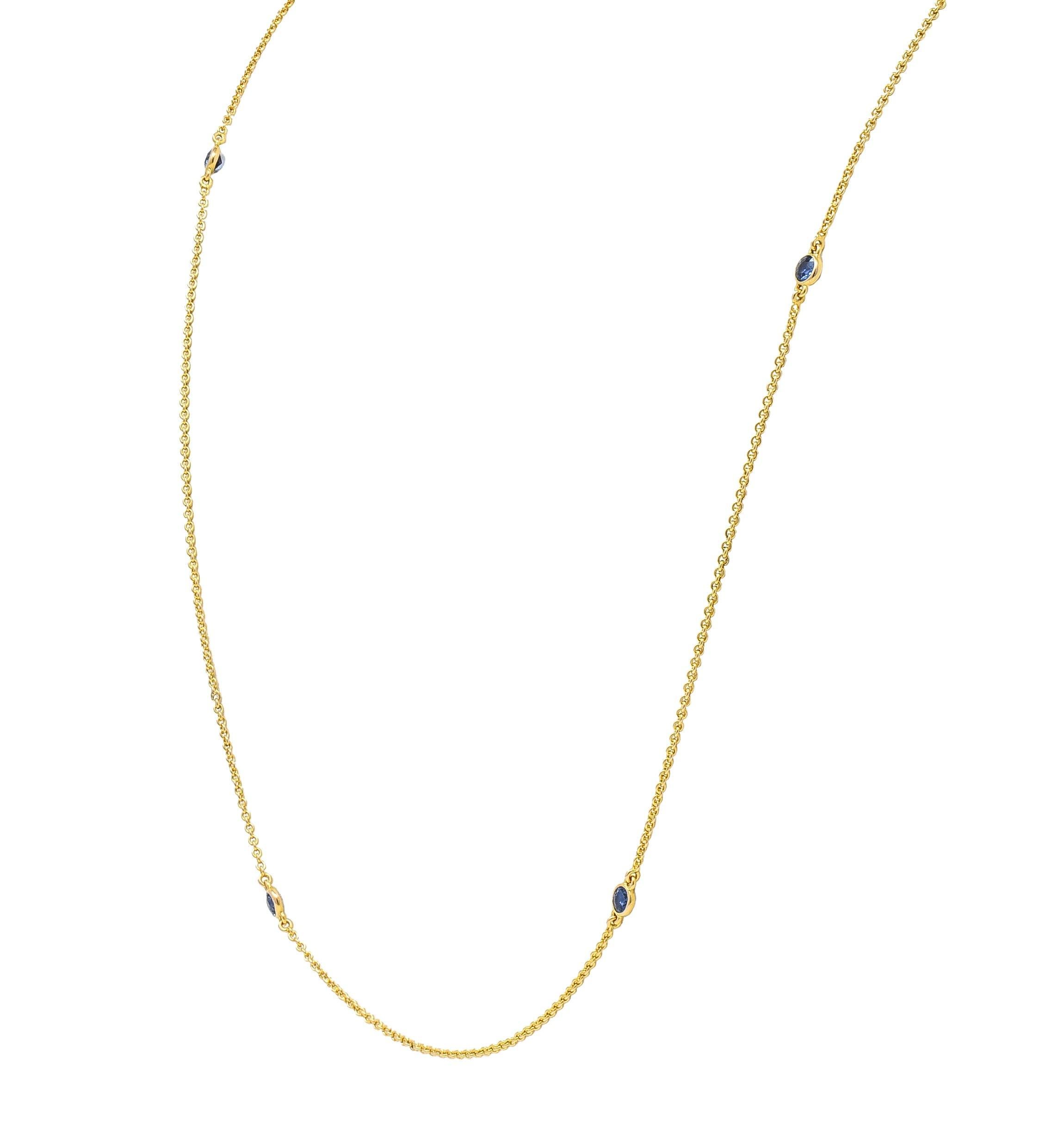 Victorian 2.10 CTW Sapphire 14 Karat Yellow Gold Antique Station Chain Necklace For Sale 2