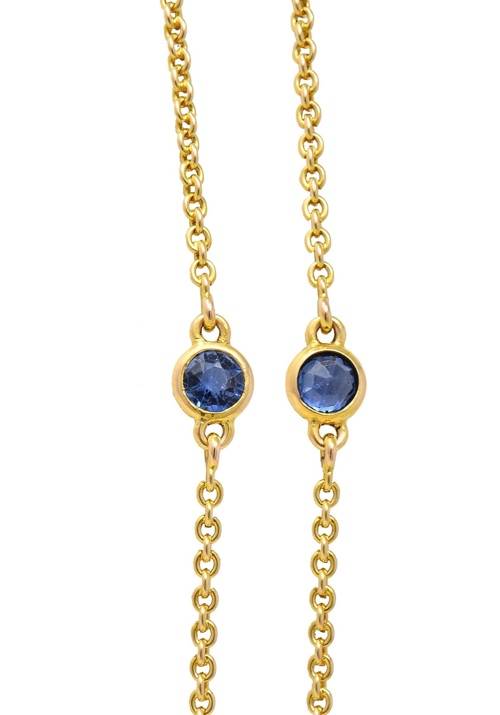 Victorian 2.10 CTW Sapphire 14 Karat Yellow Gold Antique Station Chain Necklace For Sale 3
