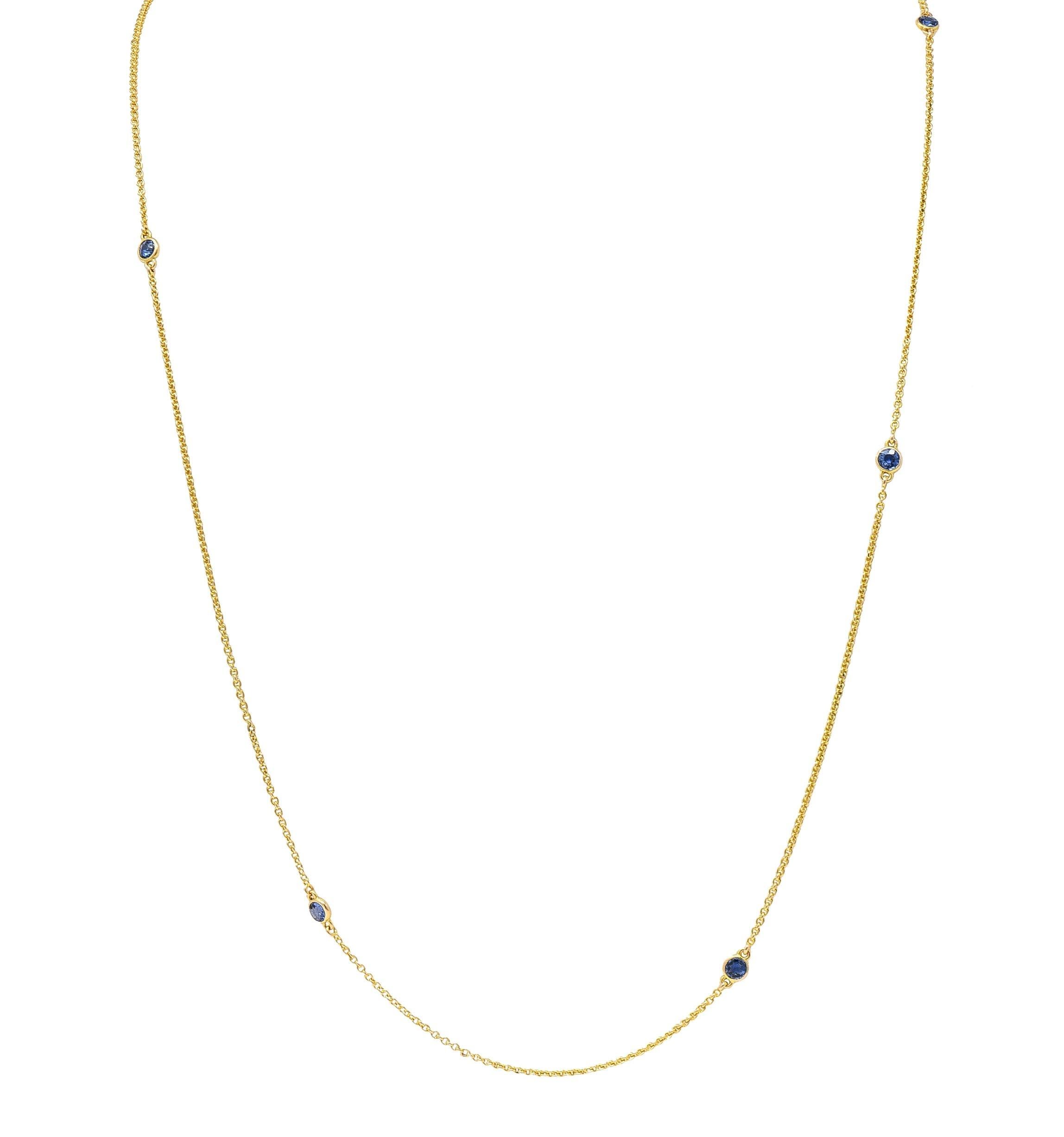 Victorian 2.10 CTW Sapphire 14 Karat Yellow Gold Antique Station Chain Necklace 3