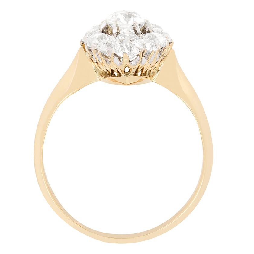 This stunning boat ring dates back to the Victorian period. The largest diamond of the array sits central weighing 0.50 carats, with a sparkling collection of old cut diamonds surrounding, totalling 1.60 carats. The diamonds match in quality at G in