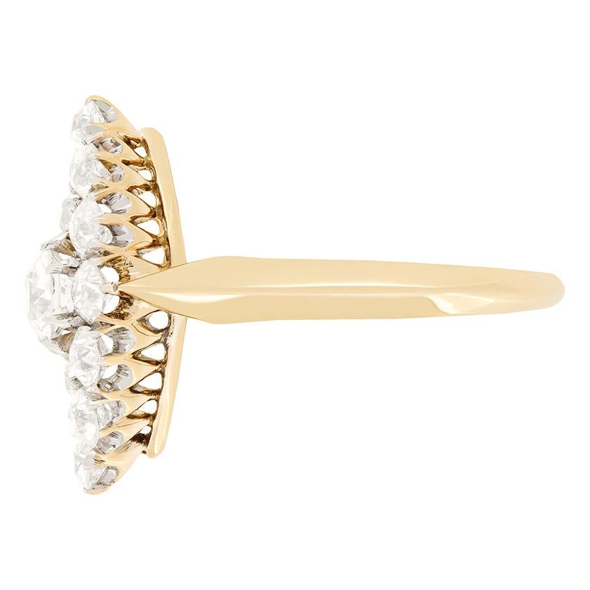 Old European Cut Victorian 2.10ct Diamond Boat Ring, c.1880s For Sale