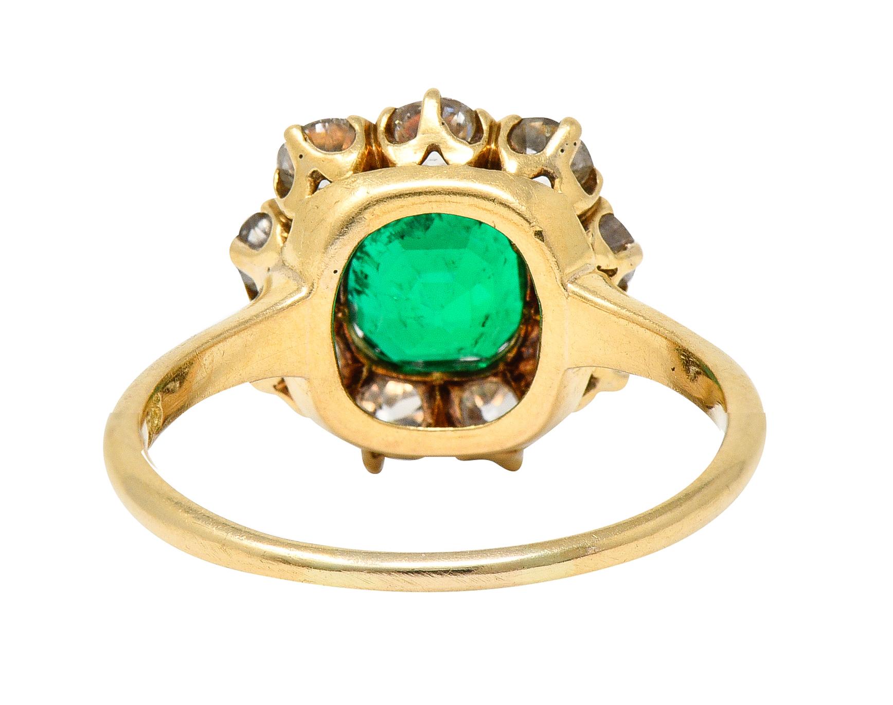 Women's or Men's Victorian 2.11 CTW Cushion Cut Colombian Emerald Old European Cut Diamond Ring For Sale