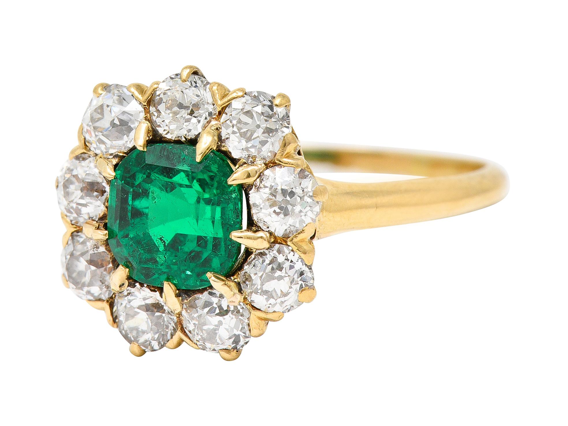 Victorian 2.11 CTW Cushion Cut Colombian Emerald Old European Cut Diamond Ring For Sale 2