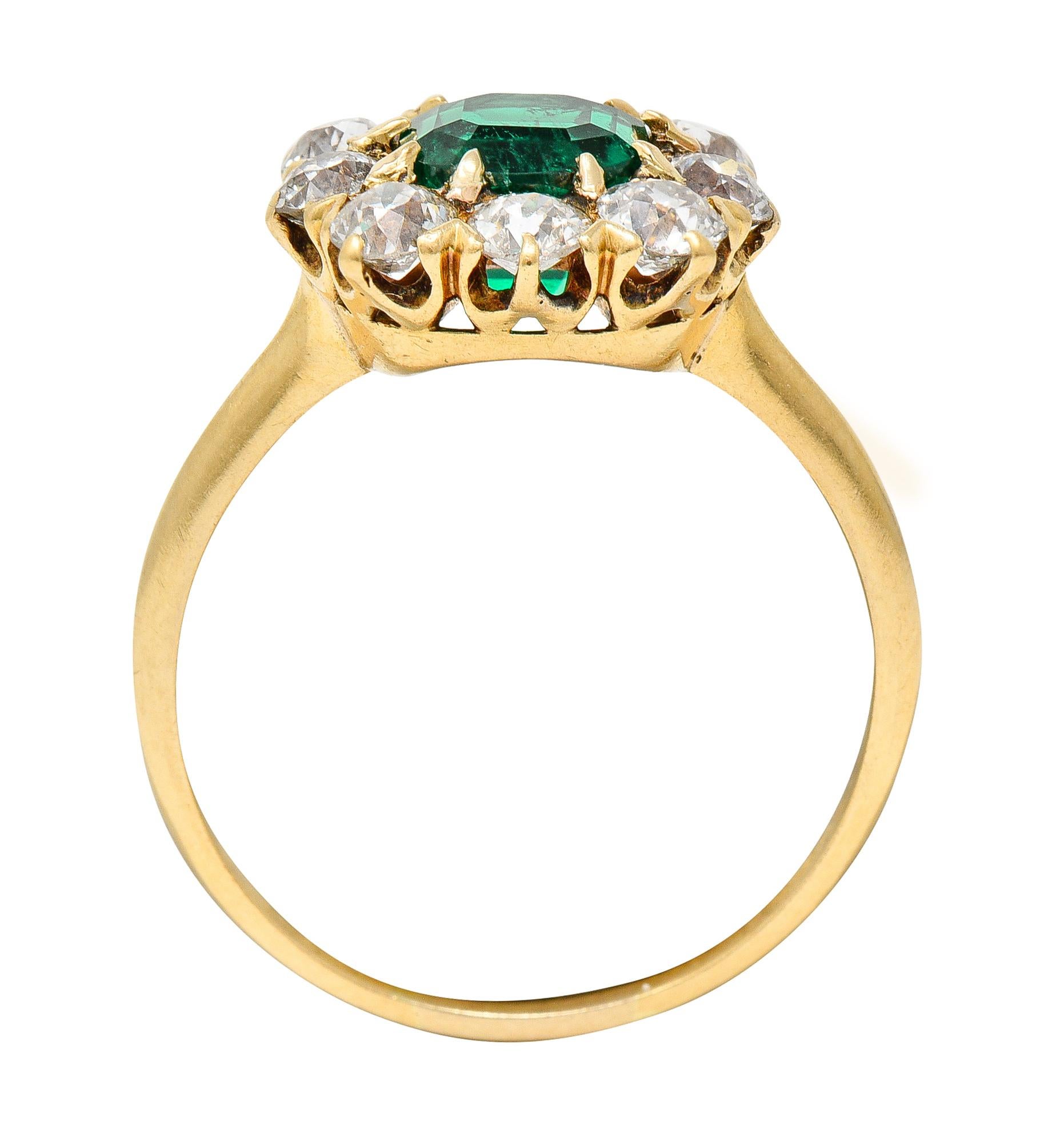 Victorian 2.11 CTW Cushion Cut Colombian Emerald Old European Cut Diamond Ring For Sale 4