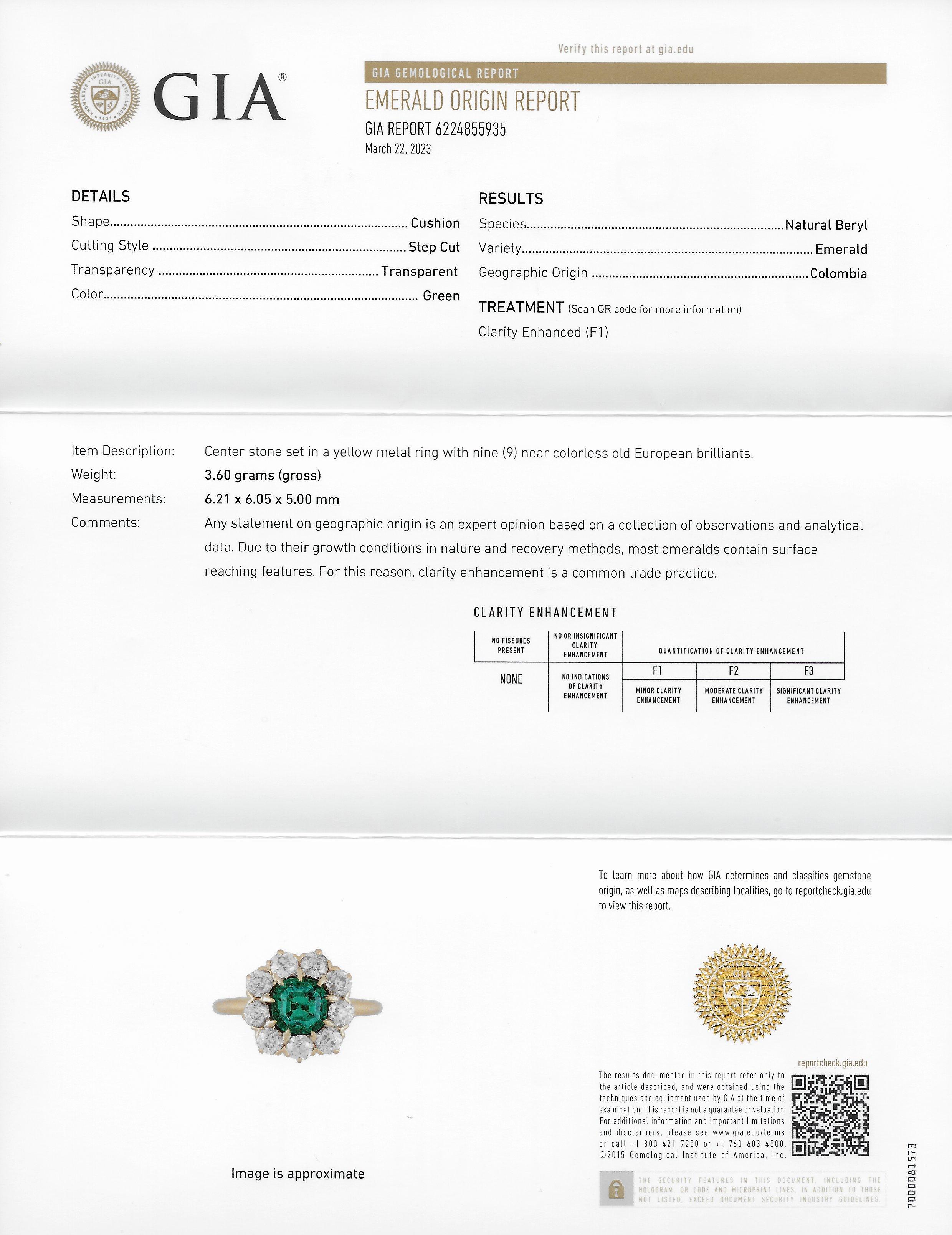 Victorian 2.11 CTW Cushion Cut Colombian Emerald Old European Cut Diamond Ring For Sale 5