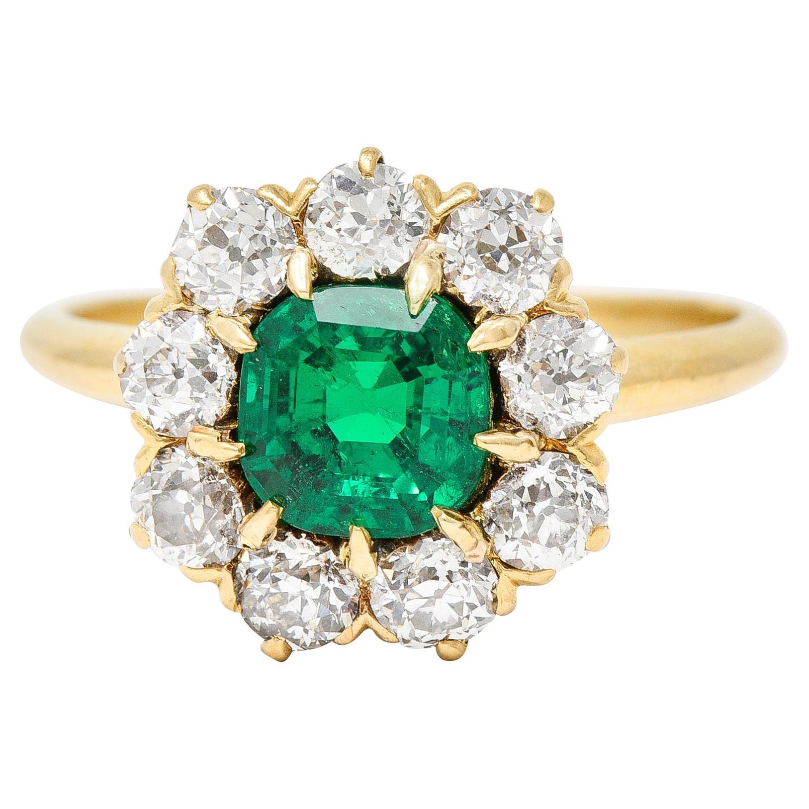 Victorian 2.11 CTW Cushion Cut Colombian Emerald Old European Cut Diamond Ring For Sale