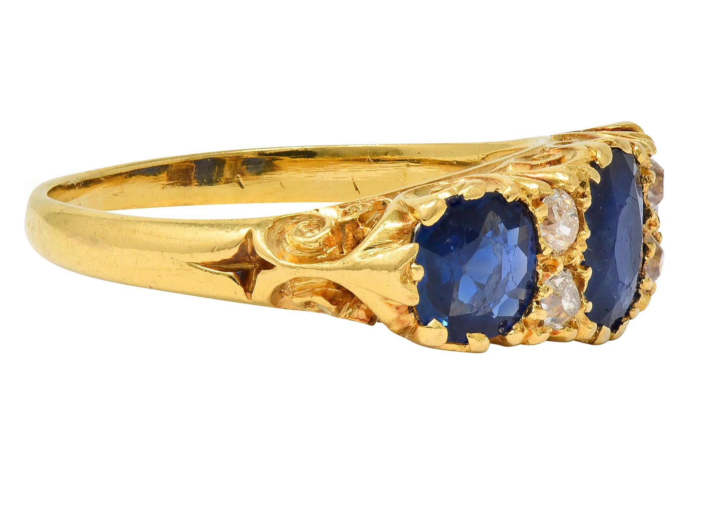 Bague Victorienne 2.14 CTW Saphir Diamant Or Jaune 18K Antique Scrolling Band Excellent état - En vente à Philadelphia, PA