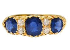 Bague Victorienne 2.14 CTW Saphir Diamant Or Jaune 18K Antique Scrolling Band