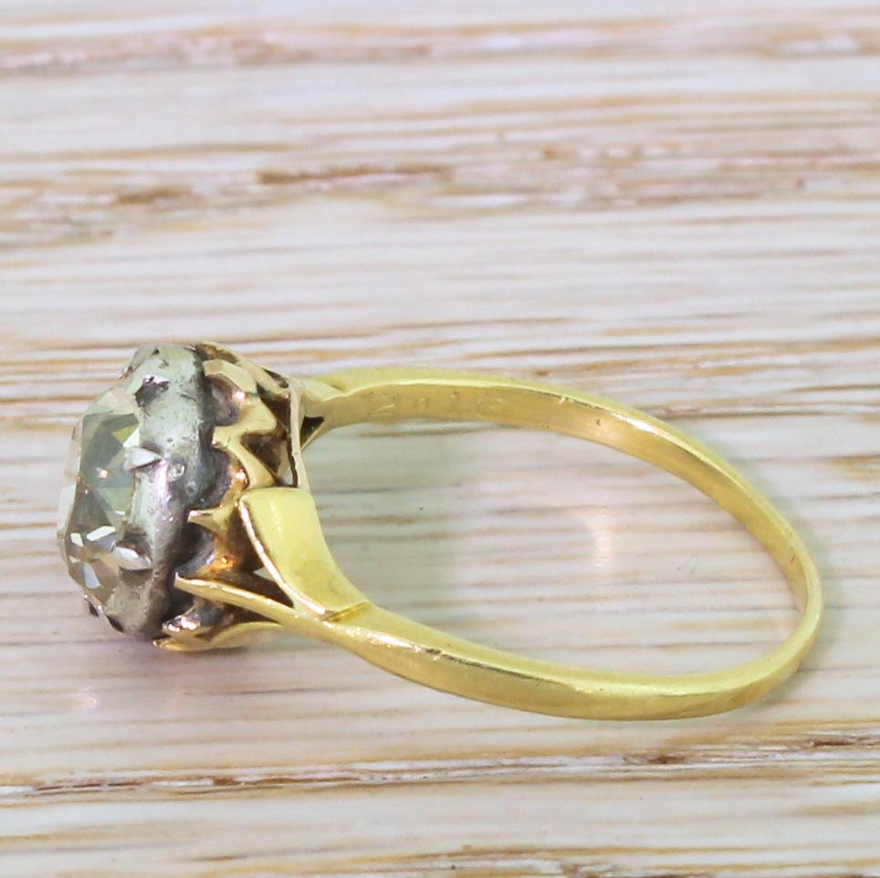 Old Mine Cut Victorian 2.16 Carat Light Yellow Old Cut Diamond Solitaire Ring For Sale