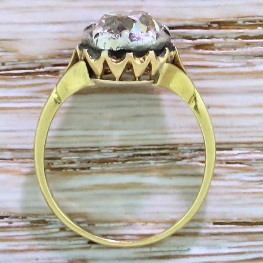 Victorian 2.16 Carat Light Yellow Old Cut Diamond Solitaire Ring In Good Condition For Sale In Essex, GB