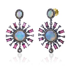 Victorian 21.70 Cttw Pink Tourmaline, Ethiopian Opal/Diamond Earrings 18K/SS