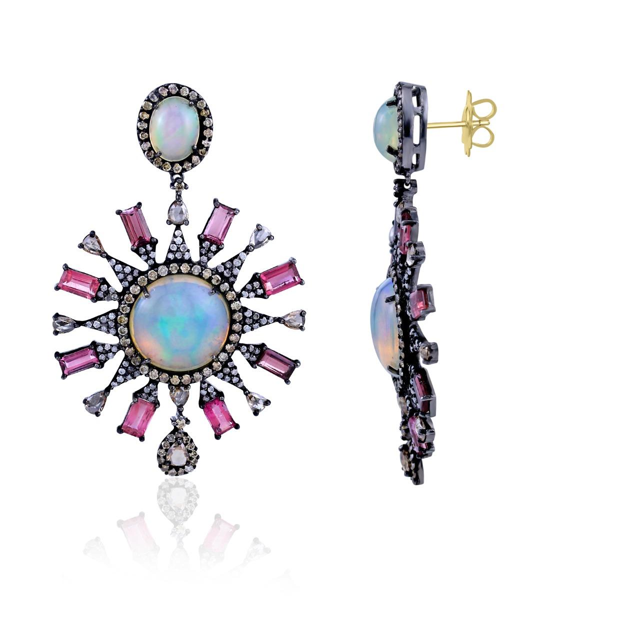 Mixed Cut Victorian 21.70 Cttw Pink Tourmaline, Ethiopian Opal/Diamond Earrings 18K/SS For Sale
